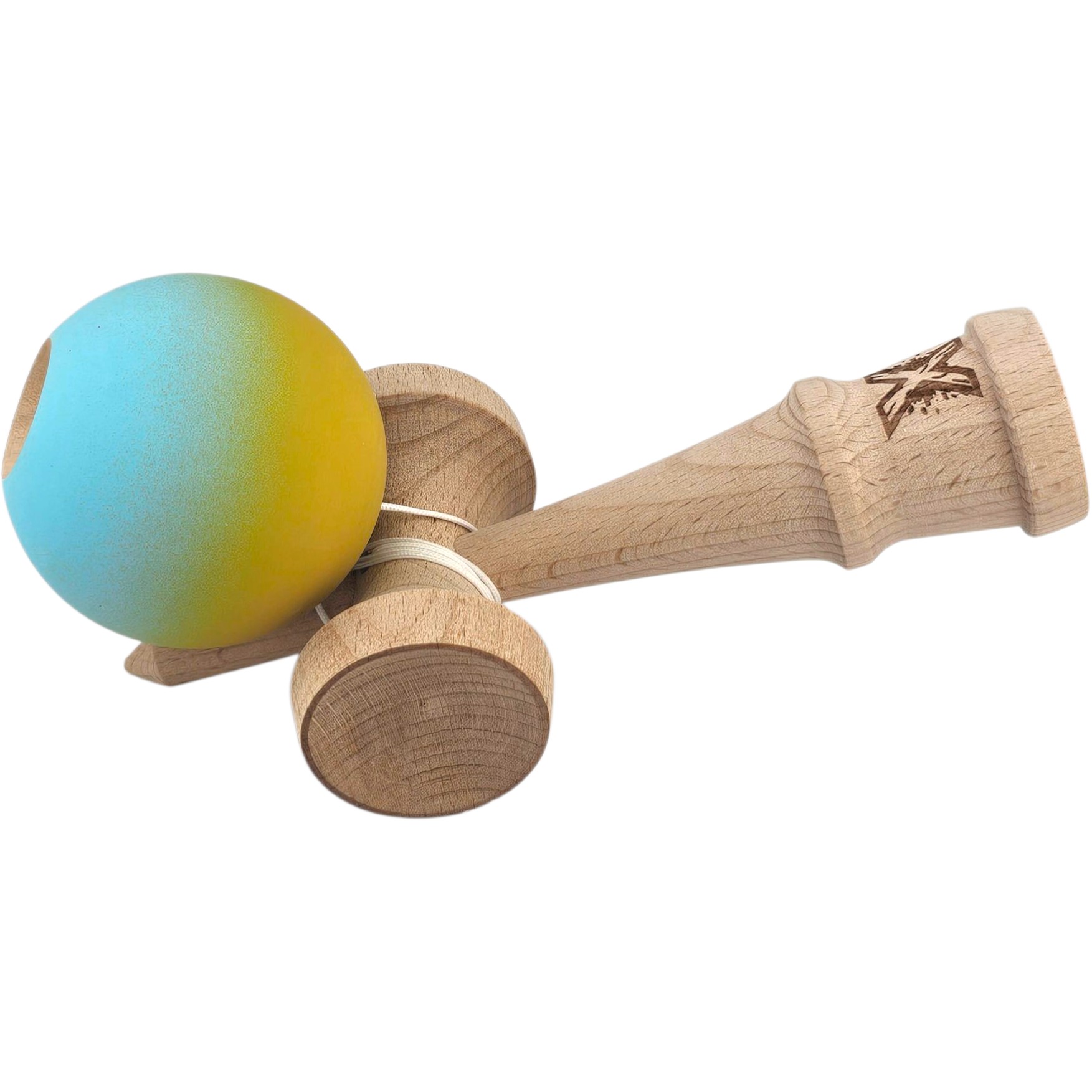 Kendama X Originala, Profesionala, Flippy, din Lemn, Rubber Grip, 18 cm, Galben/Albastru