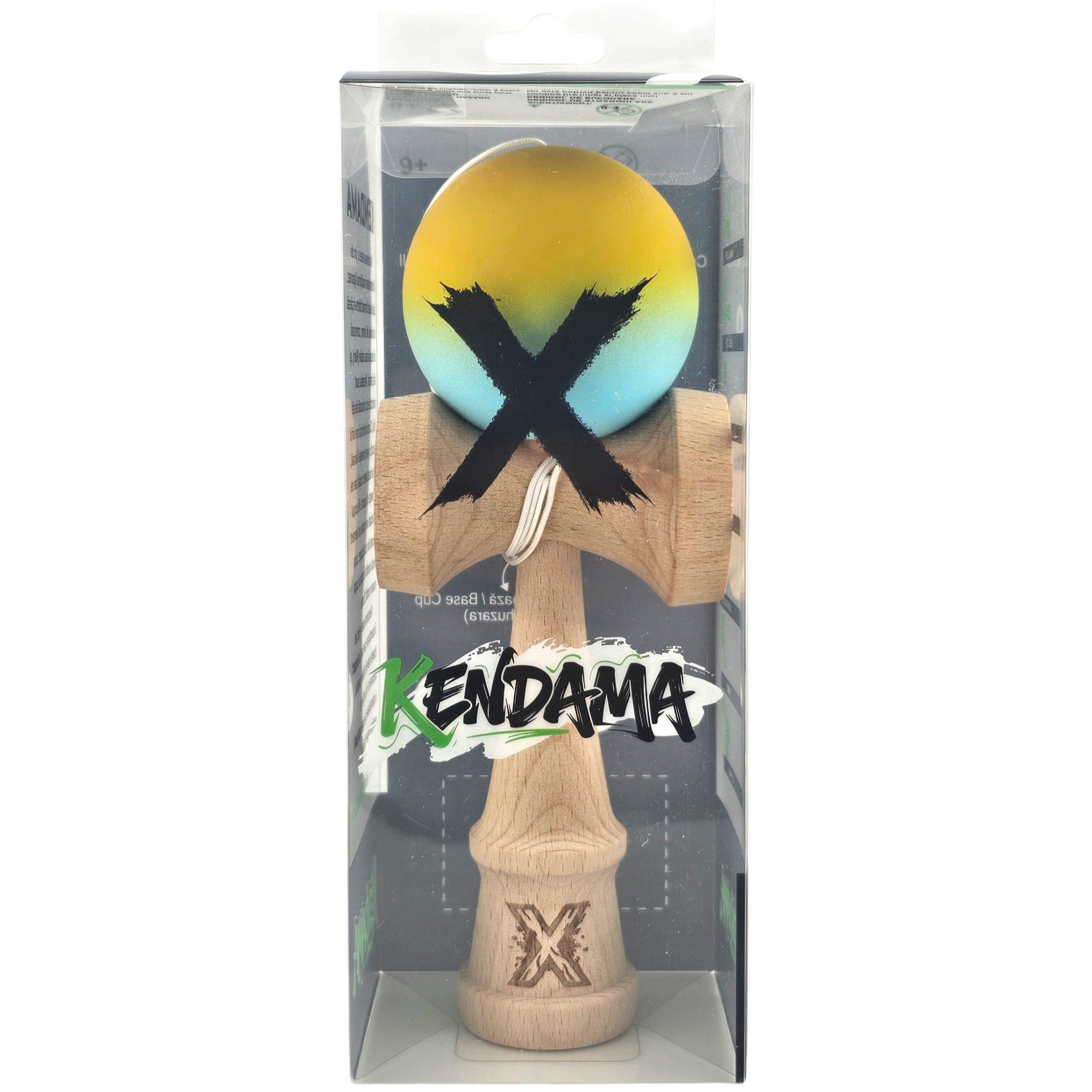 Kendama X Originala, Profesionala, Flippy, din Lemn, Rubber Grip, 18 cm, Galben/Albastru
