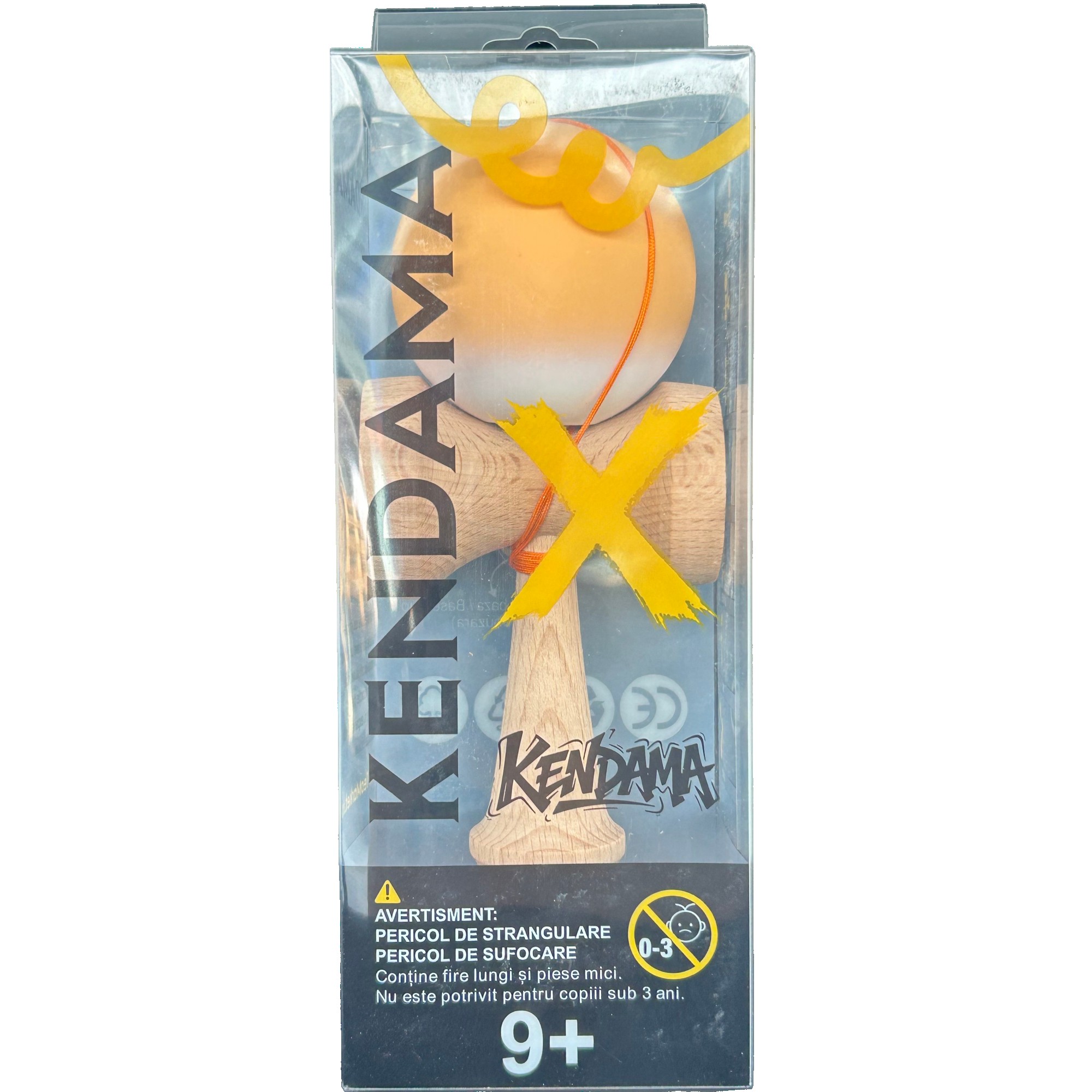 Jucarie Interactiva Kendama Profesionala, Flippy, din Lemn cu Bila Cauciucata, 18 x 6 x 7 cm, Joc de Indemanare pentru Copii si Adulti, Gradient Portocaliu Alb 