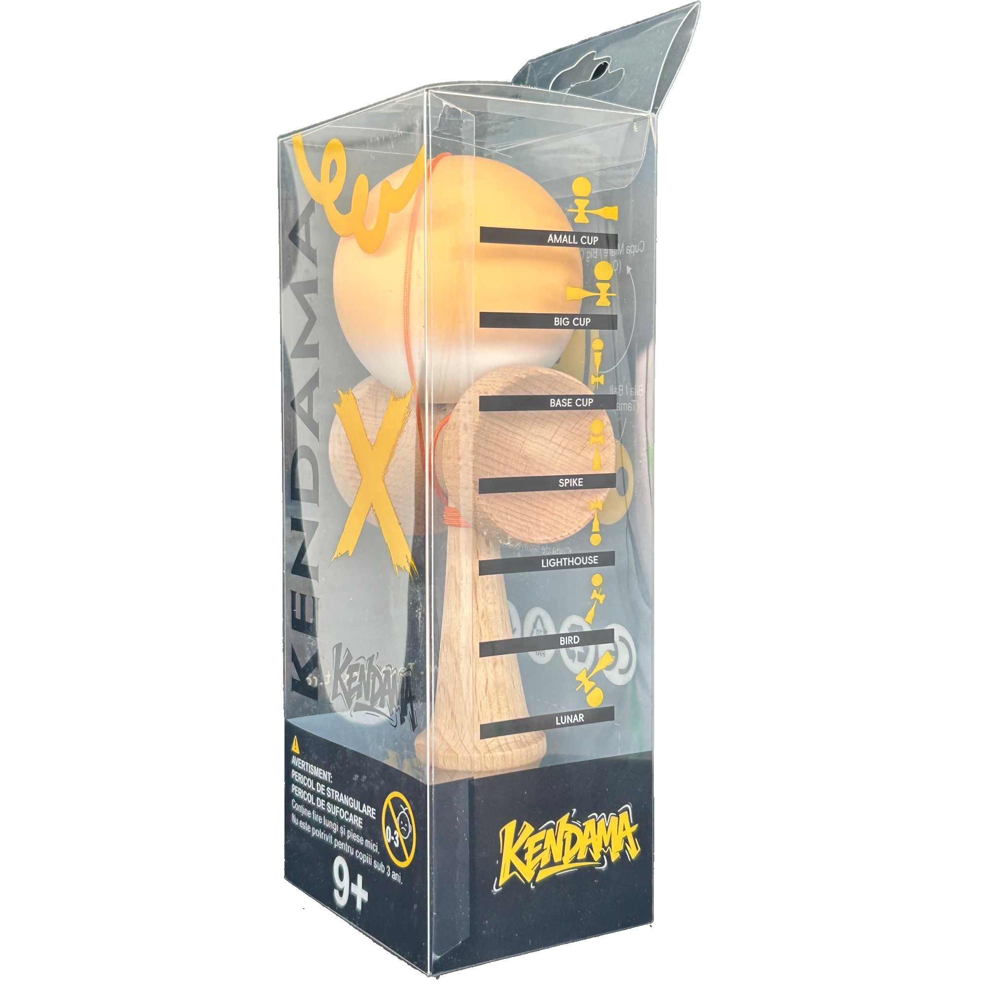 Jucarie Interactiva Kendama Profesionala, Flippy, din Lemn cu Bila Cauciucata, 18 x 6 x 7 cm, Joc de Indemanare pentru Copii si Adulti, Gradient Portocaliu Alb 