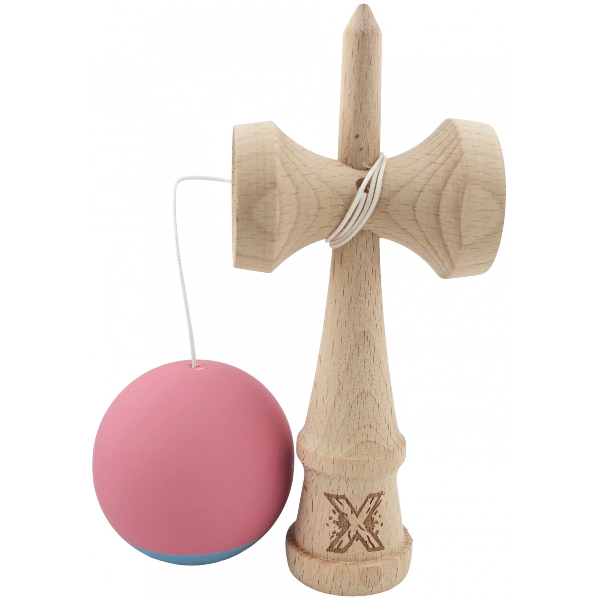 Kendama X Originala, Profesionala, Flippy, din Lemn, 18 cm, Rubber Grip, Roz/Gri