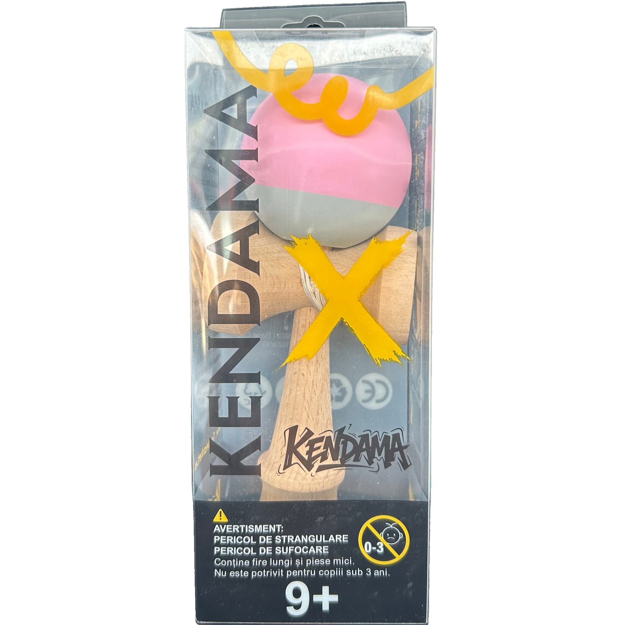 Jucarie Interactiva Kendama Profesionala, Flippy, din Lemn cu Bila Cauciucata, 18 x 6 x 7 cm, Joc de Indemanare pentru Copii si Adulti, Bicolor Roz Gri