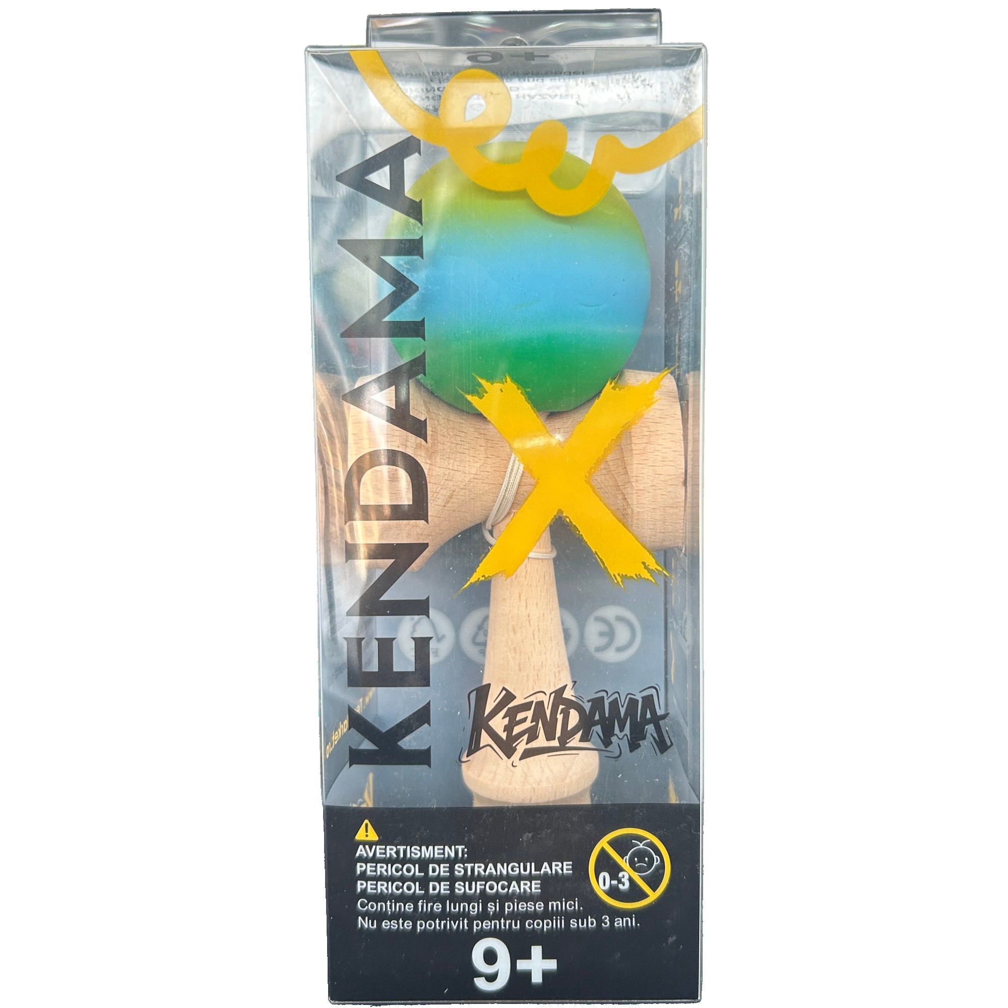 Jucarie Interactiva Kendama X Profesionala, Flippy, din Lemn cu Bila Cauciucata, 18 cm, Joc de Indemanare pentru Copii si Adulti, Gradient Galben Albastru Verde