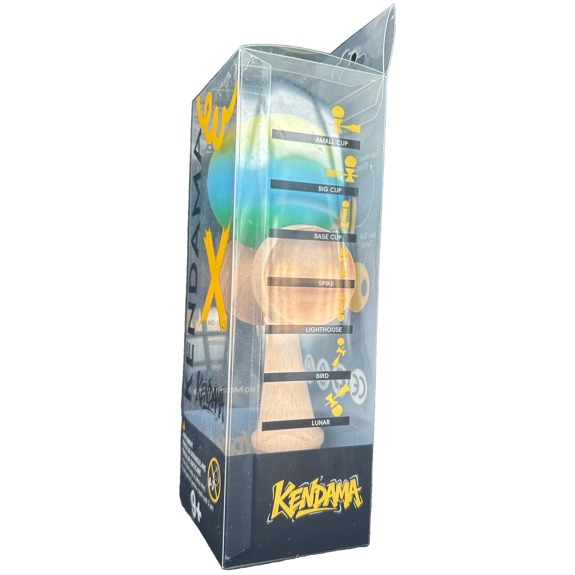 Jucarie Interactiva Kendama X Profesionala, Flippy, din Lemn cu Bila Cauciucata, 18 cm, Joc de Indemanare pentru Copii si Adulti, Gradient Galben Albastru Verde