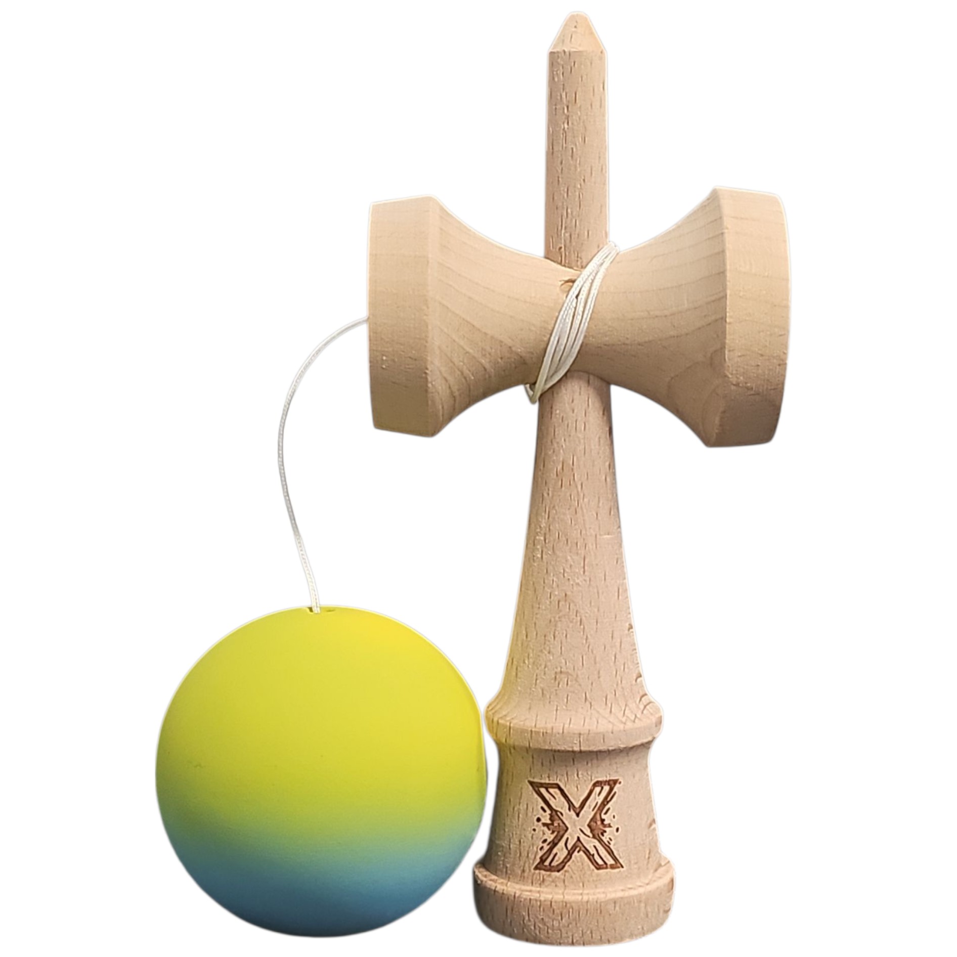 Kendama X Originala, Profesionala, Flippy, din Lemn, Rubber Grip, 18 cm, Gradient Galben/Albastru/Verde