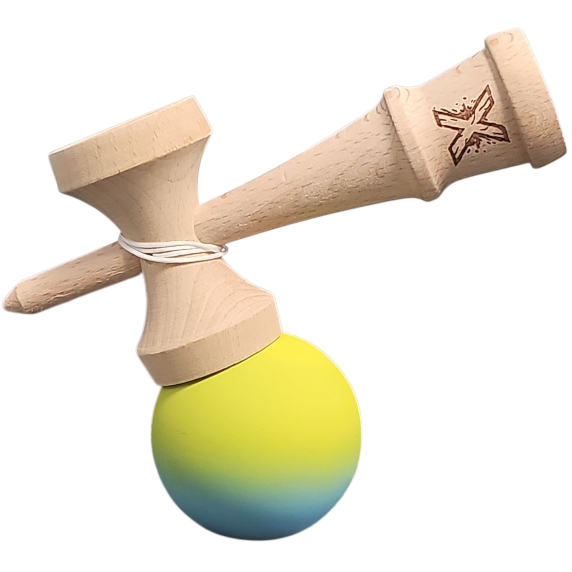Kendama X Originala, Profesionala, Flippy, din Lemn, Rubber Grip, 18 cm, Gradient Galben/Albastru/Verde