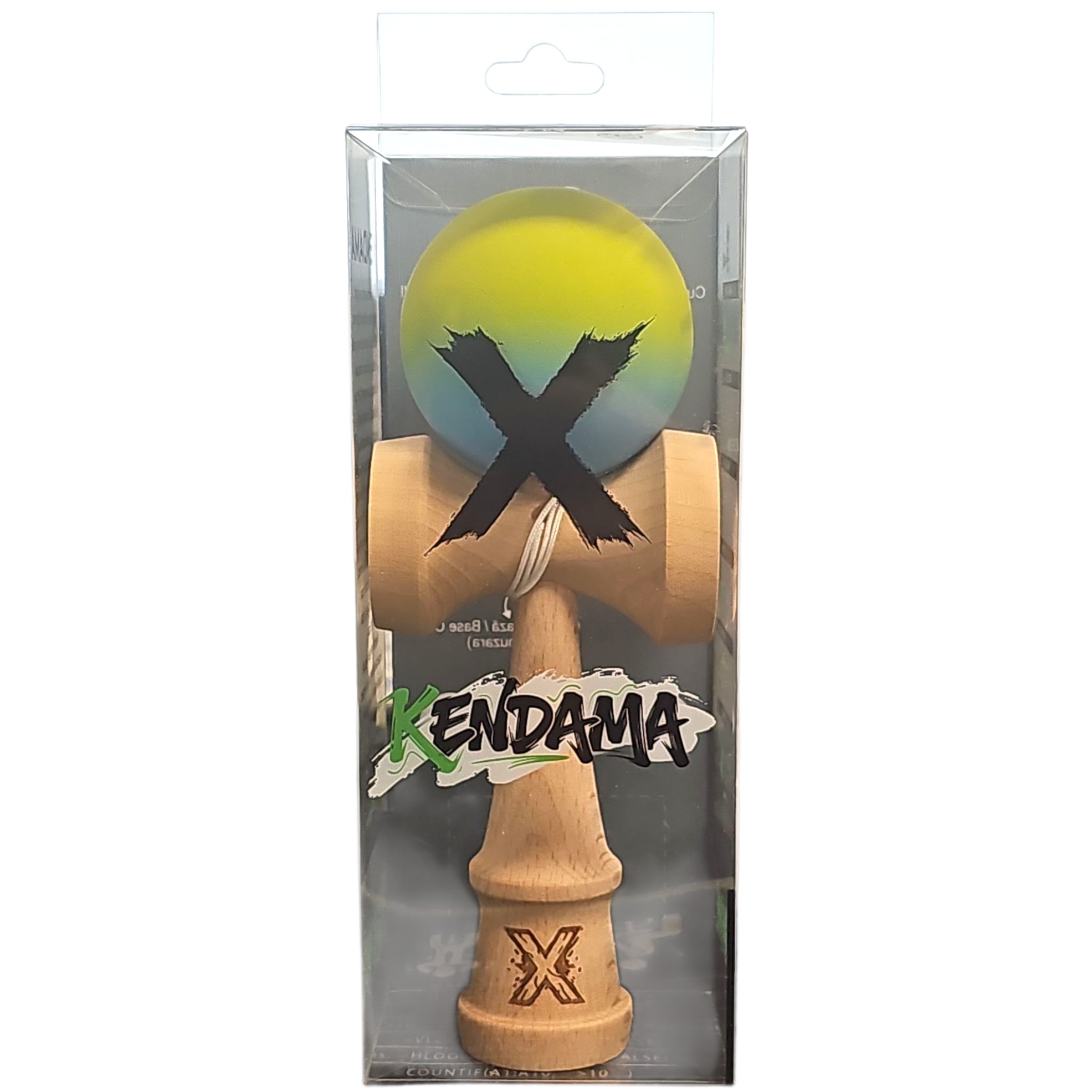 Kendama X Originala, Profesionala, Flippy, din Lemn, Rubber Grip, 18 cm, Gradient Galben/Albastru/Verde