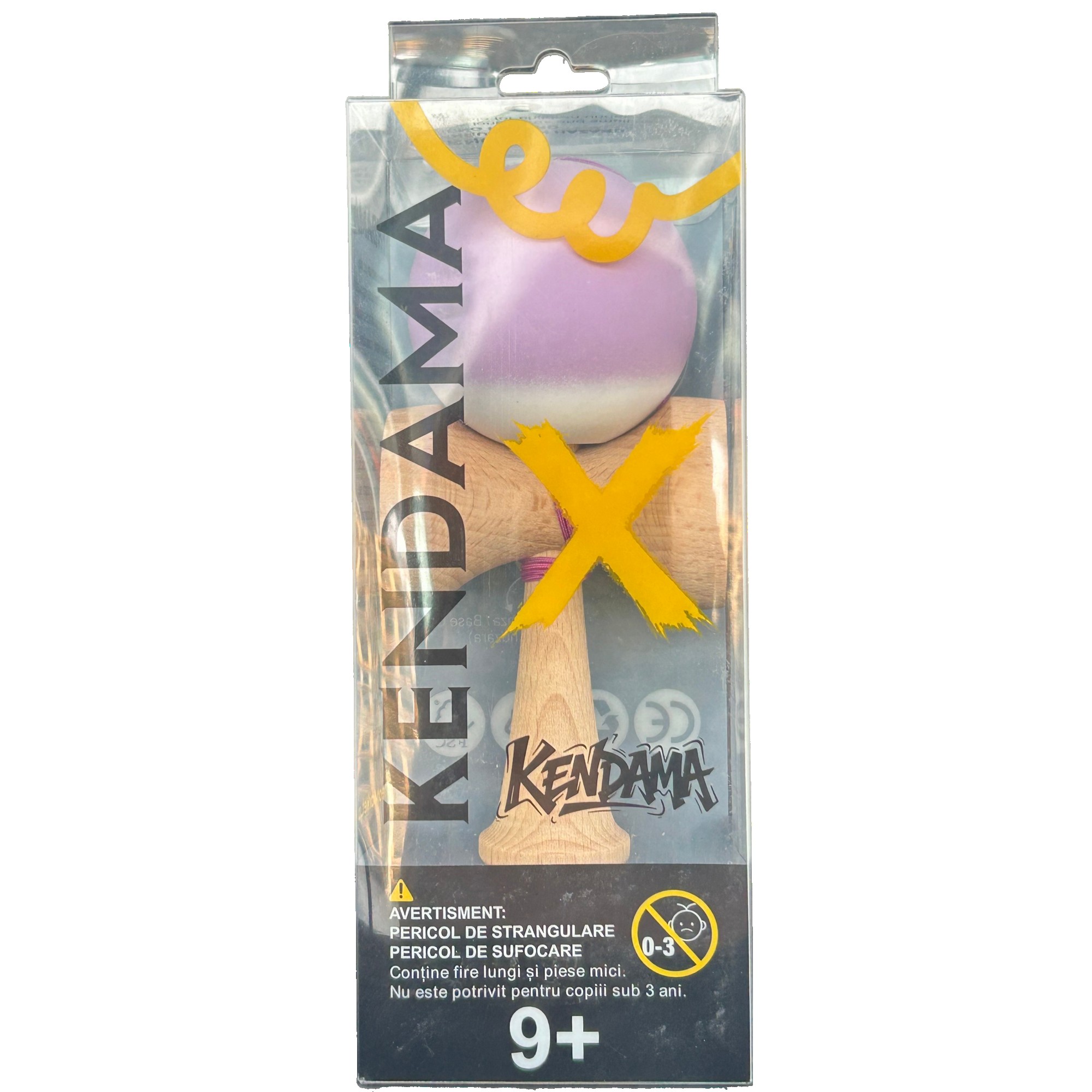 Jucarie Interactiva Kendama Profesionala, Flippy, din Lemn cu Bila Cauciucata, 18 x 6 x 7 cm, Joc de Indemanare pentru Copii si Adulti, Gradient Mov Alb