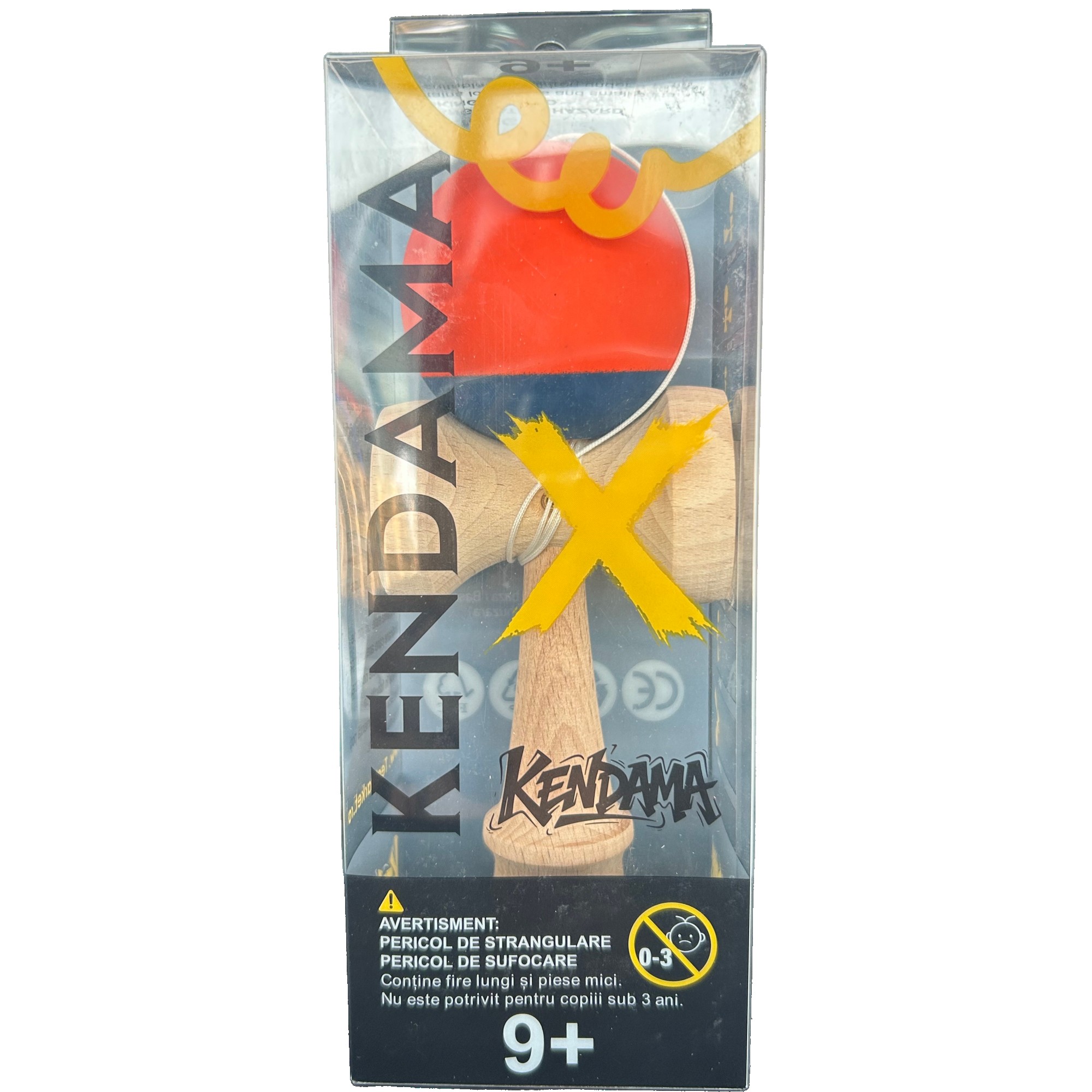 Jucarie Interactiva Kendama Profesionala, Flippy, din Lemn cu Bila Cauciucata, 18 x 6 x 7 cm, Joc de Indemanare pentru Copii si Adulti, Bicolor Portocaliu Albastru inchis
