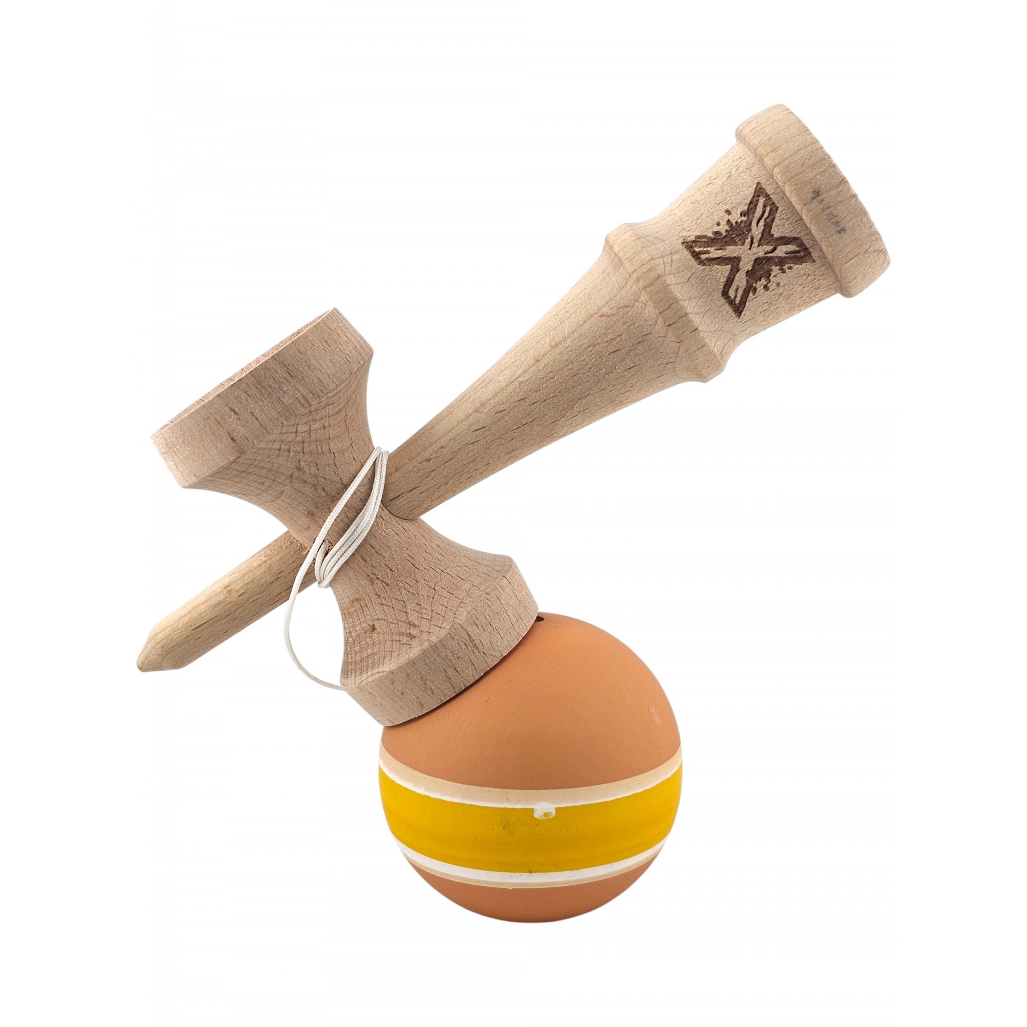 Kendama X Originala, Profesionala, Flippy, din Lemn cu Bila cu Invelis din Cauciuc, 18 x 6 x 7 cm, Rubber Grip, Portocaliu/Galben/Alb