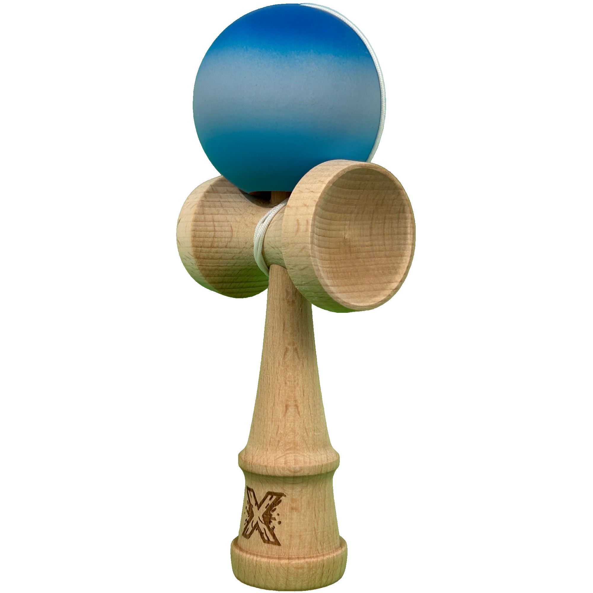 Jucarie Interactiva Kendama X Profesionala, Flippy, din Lemn cu Bila Cauciucata, 18 cm, Joc de Indemanare pentru Copii si Adulti, Gradient Albastru Alb