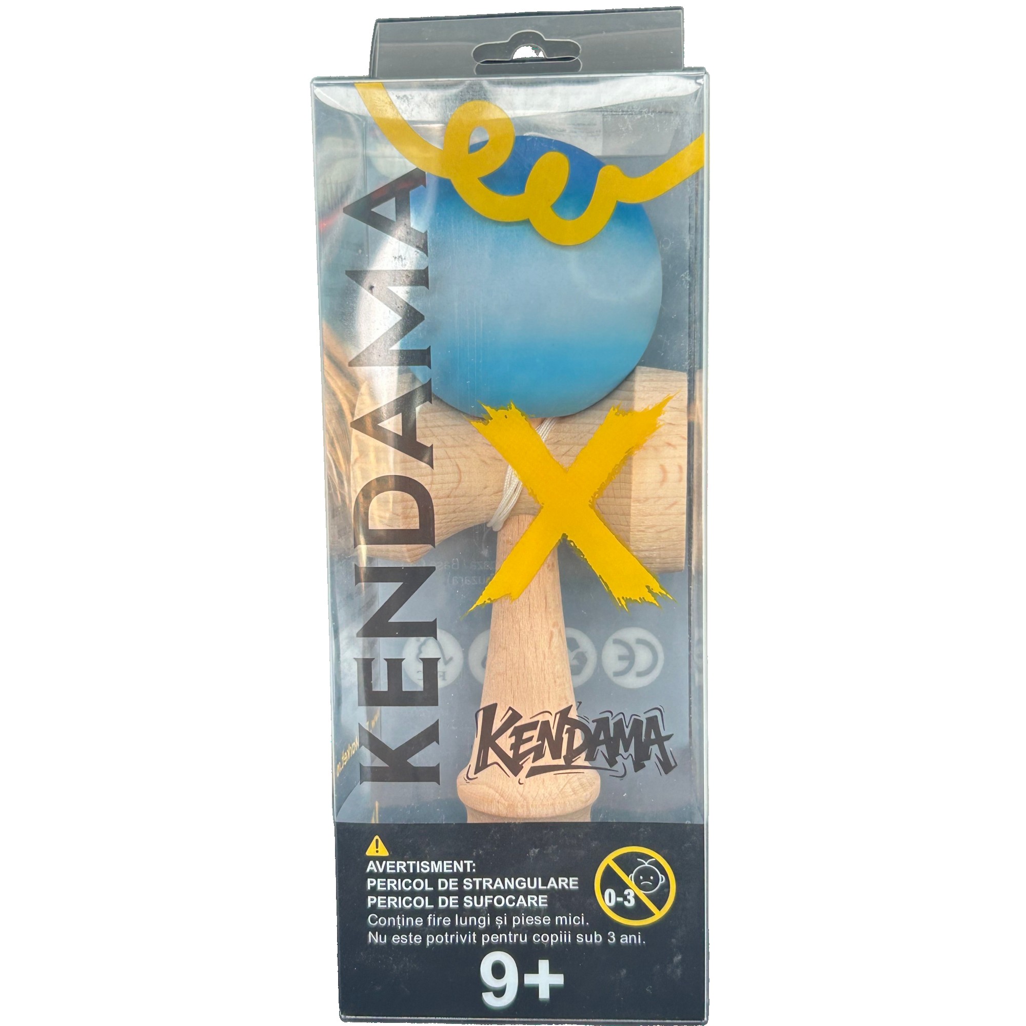 Jucarie Interactiva Kendama X Profesionala, Flippy, din Lemn cu Bila Cauciucata, 18 cm, Joc de Indemanare pentru Copii si Adulti, Gradient Albastru Alb