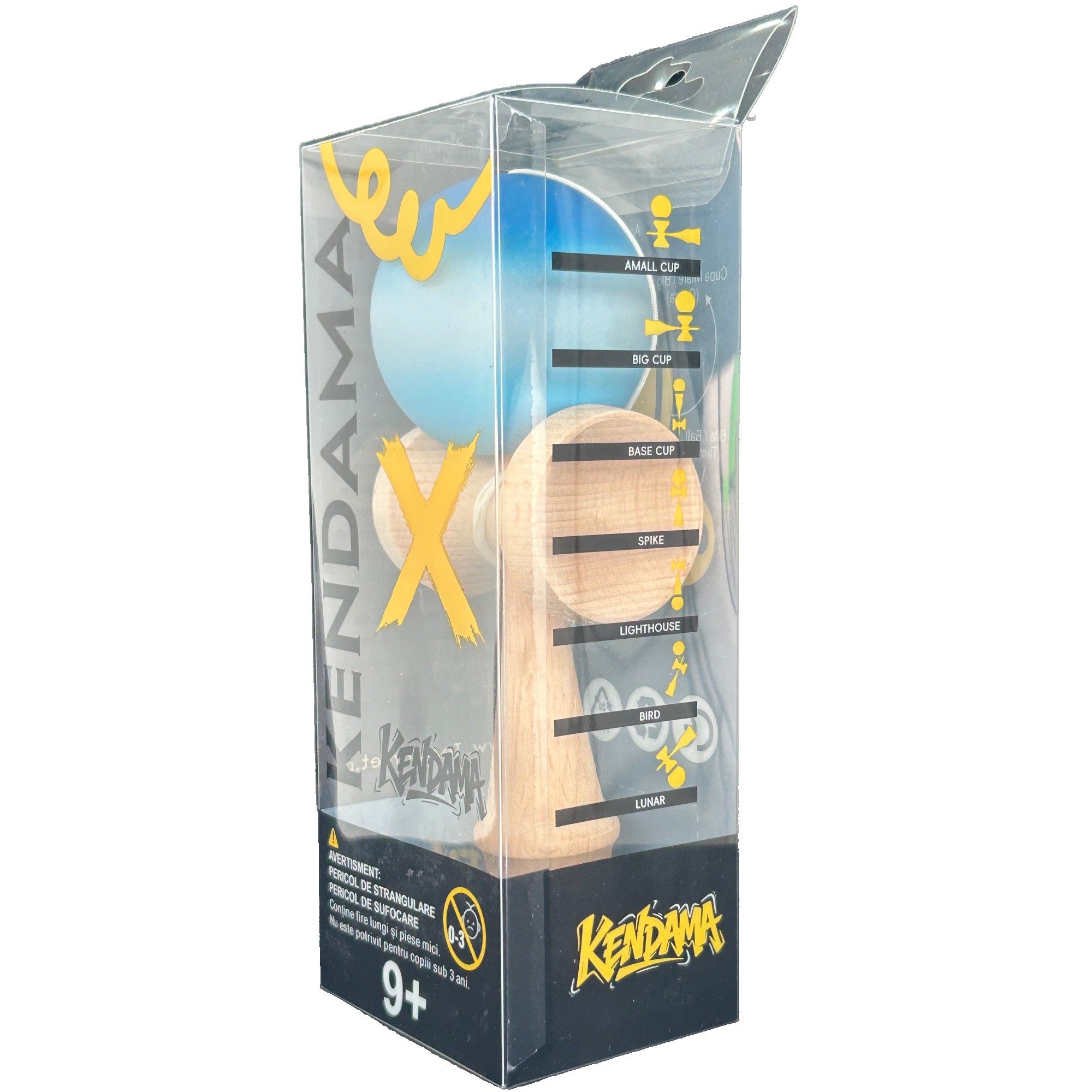 Jucarie Interactiva Kendama X Profesionala, Flippy, din Lemn cu Bila Cauciucata, 18 cm, Joc de Indemanare pentru Copii si Adulti, Gradient Albastru Alb