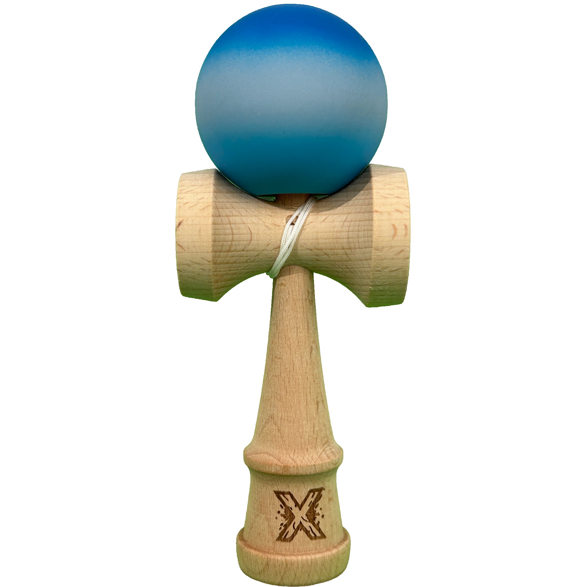 Jucarie Interactiva Kendama X Profesionala, Flippy, din Lemn cu Bila Cauciucata, 18 cm, Joc de Indemanare pentru Copii si Adulti, Gradient Albastru Alb