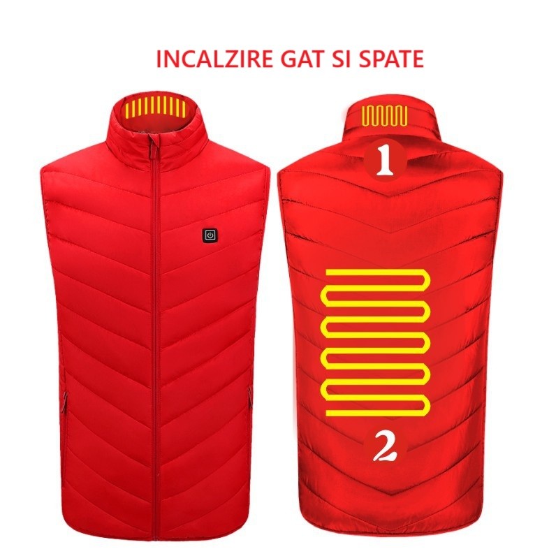 Vesta cu Incalzire, Flippy, Unisex, 2 Zone de Incalzire, Umplutura Bumbac, 3 Trepte de Temperatura, Incarcare USB, Rosu, 74 - 84 kg, Marime XXXL