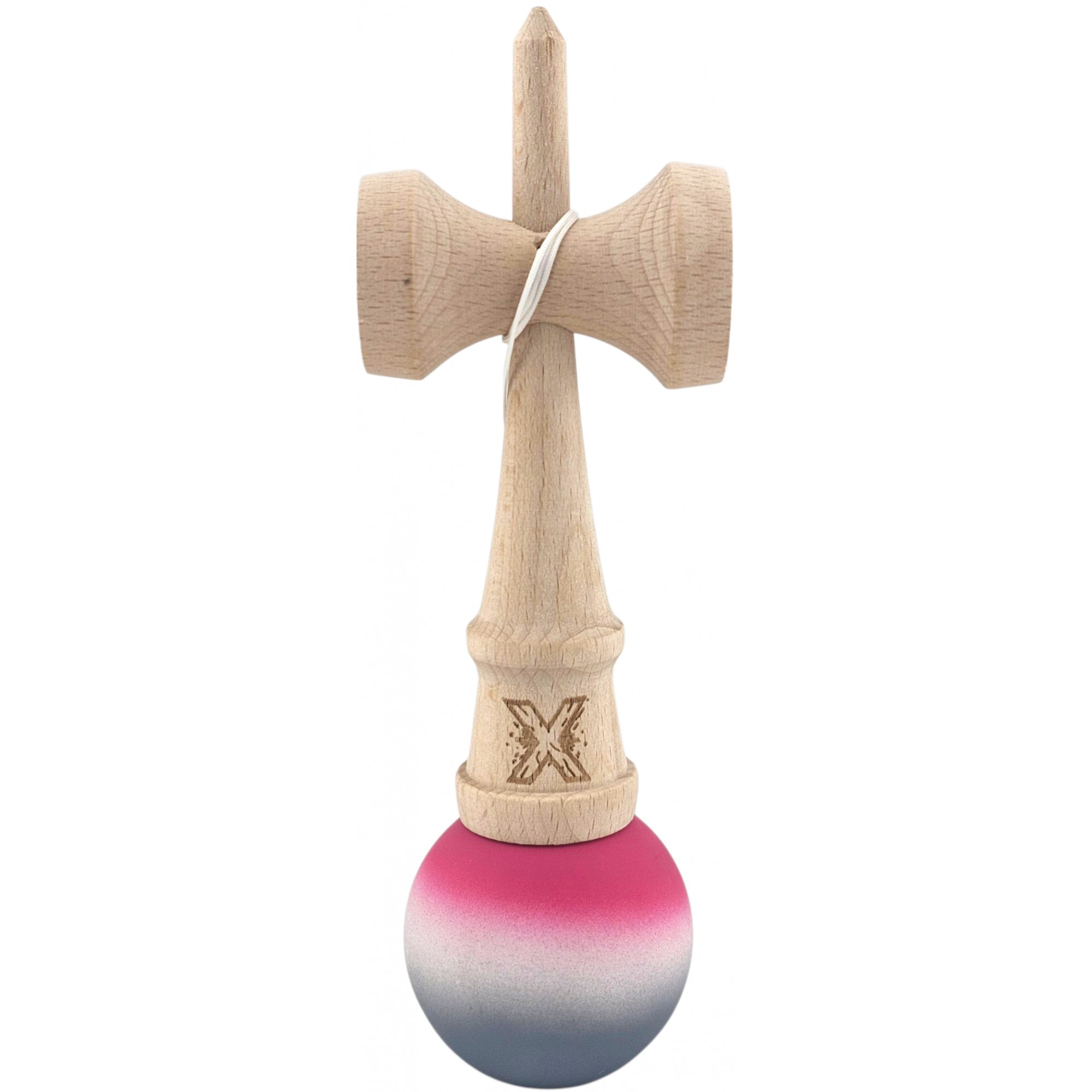 Jucarie Interactiva Kendama X Profesionala, Flippy, din Lemn, Rubber Grip, 18 cm, Roz/Alb/Gri