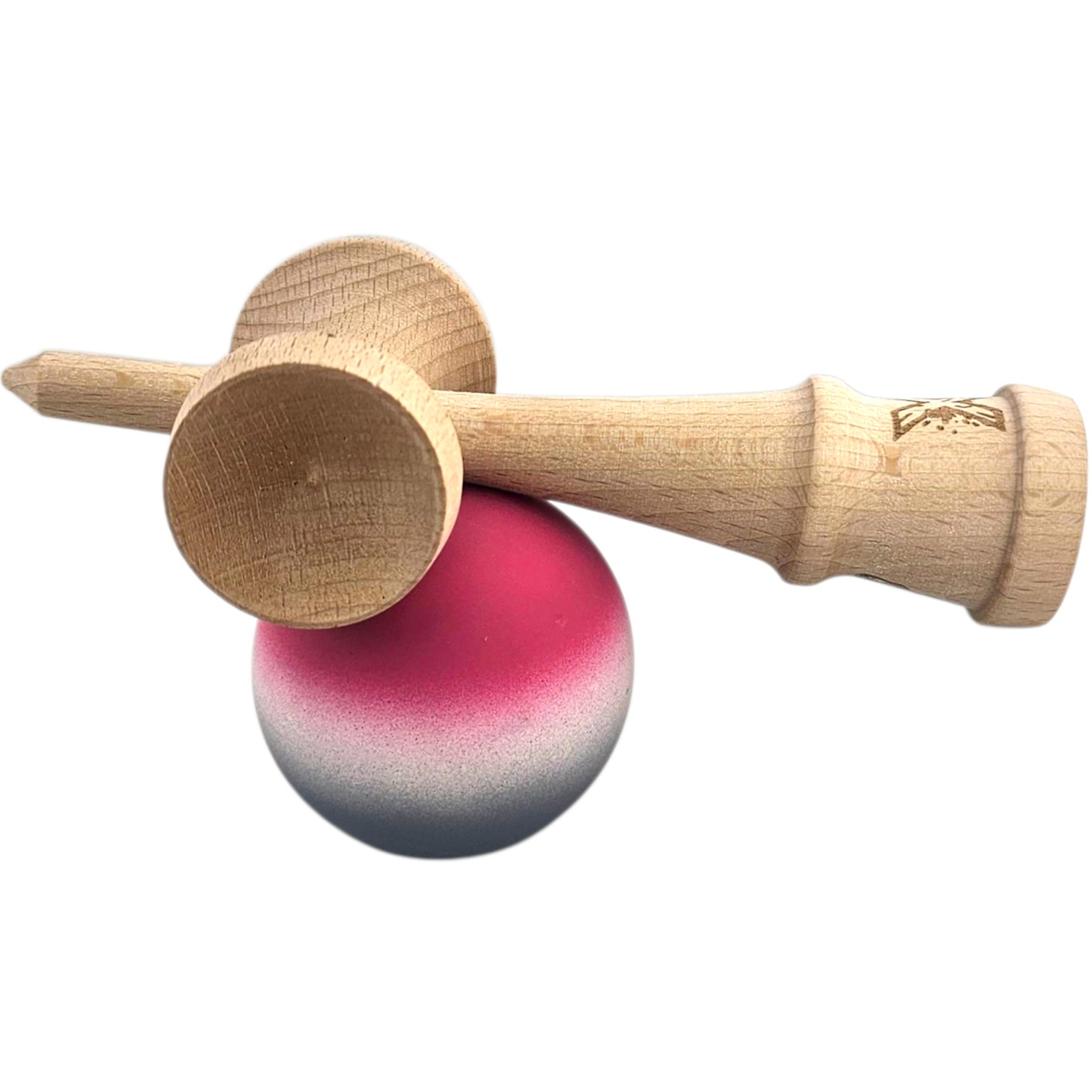 Jucarie Interactiva Kendama X Profesionala, Flippy, din Lemn, Rubber Grip, 18 cm, Roz/Alb/Gri