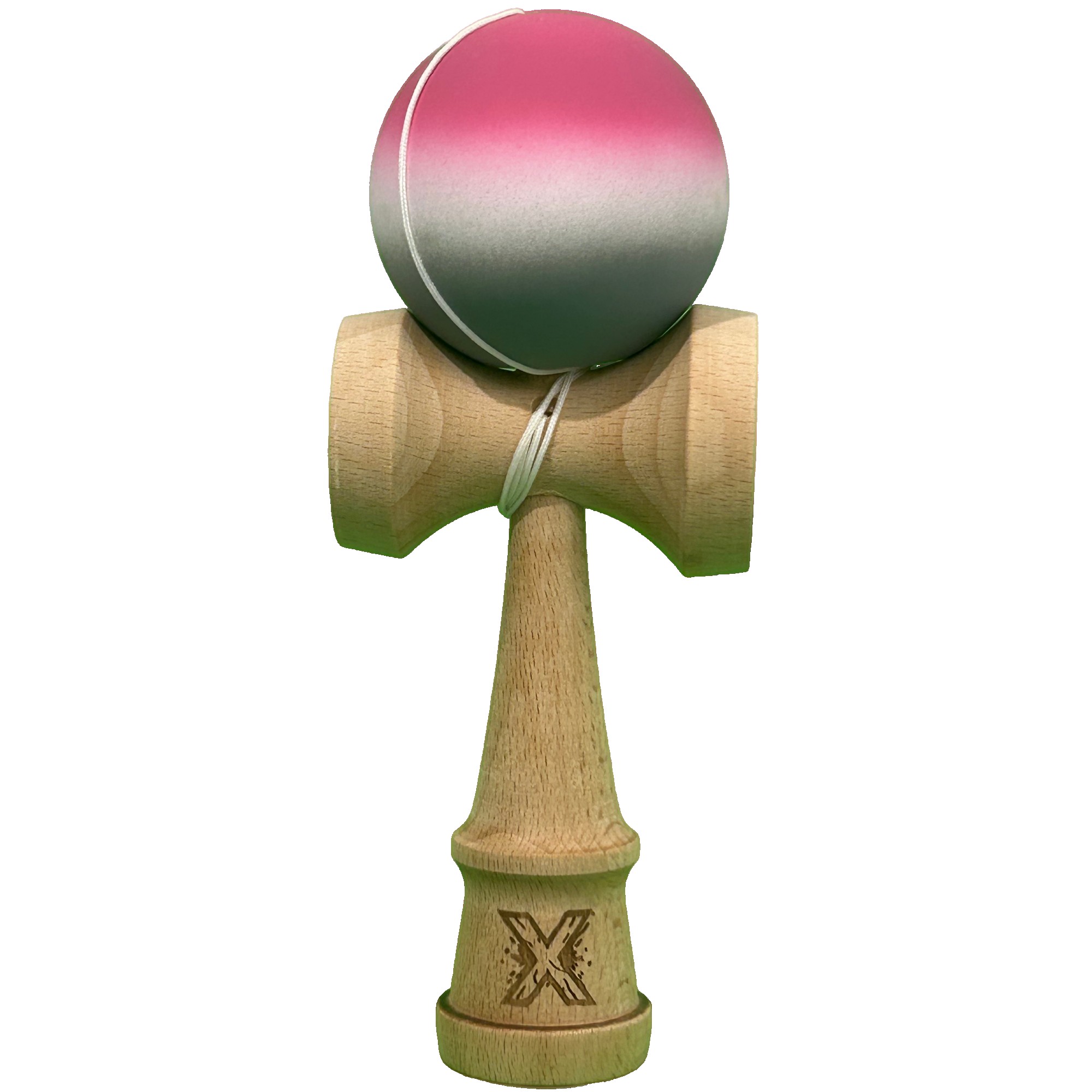 Jucarie Interactiva Kendama X Profesionala, Flippy, din Lemn cu Bila Cauciucata, 18 cm, Joc de Indemanare pentru Copii si Adulti, Gradient Roz Alb Gri