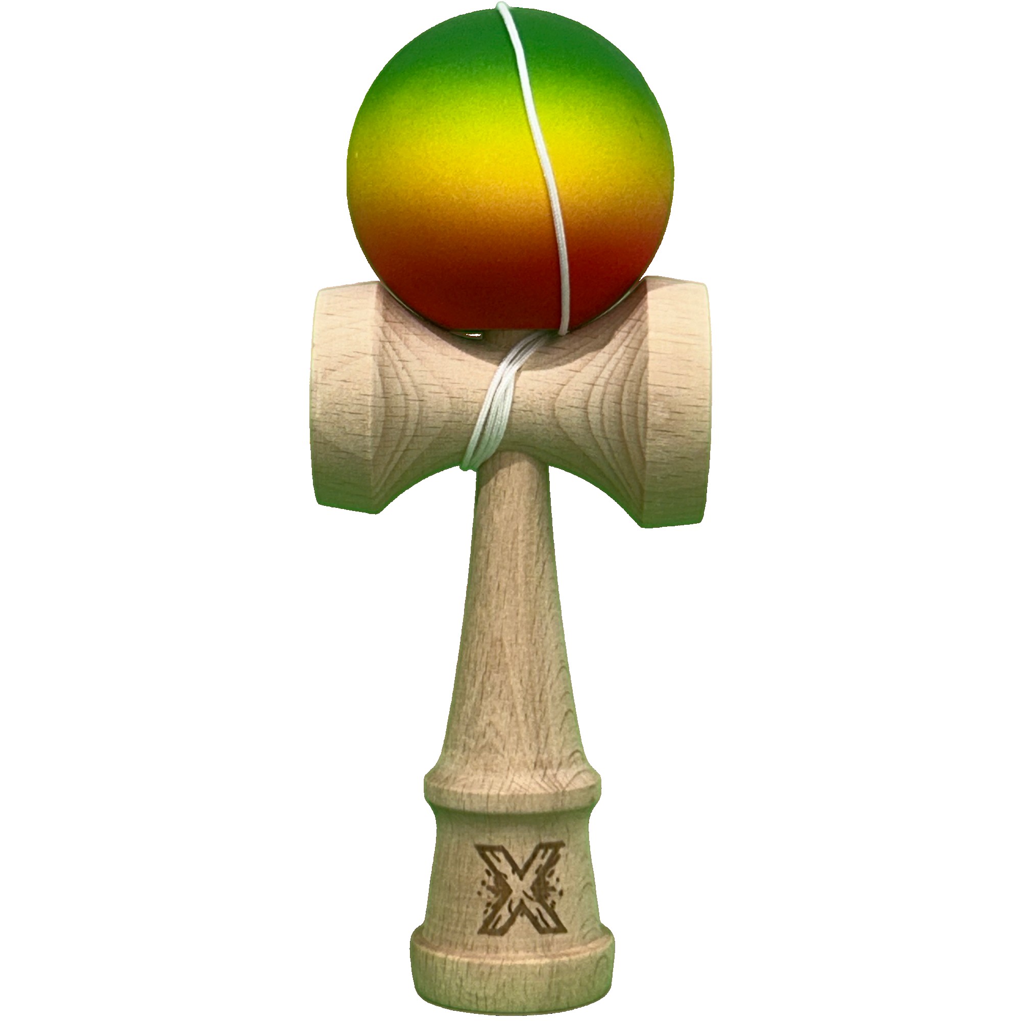 Jucarie Interactiva Kendama X Profesionala, Flippy, din Lemn cu Bila Cauciucata, 18 cm, Joc de Indemanare pentru Copii si Adulti, Gradient Verde Galben Rosu
