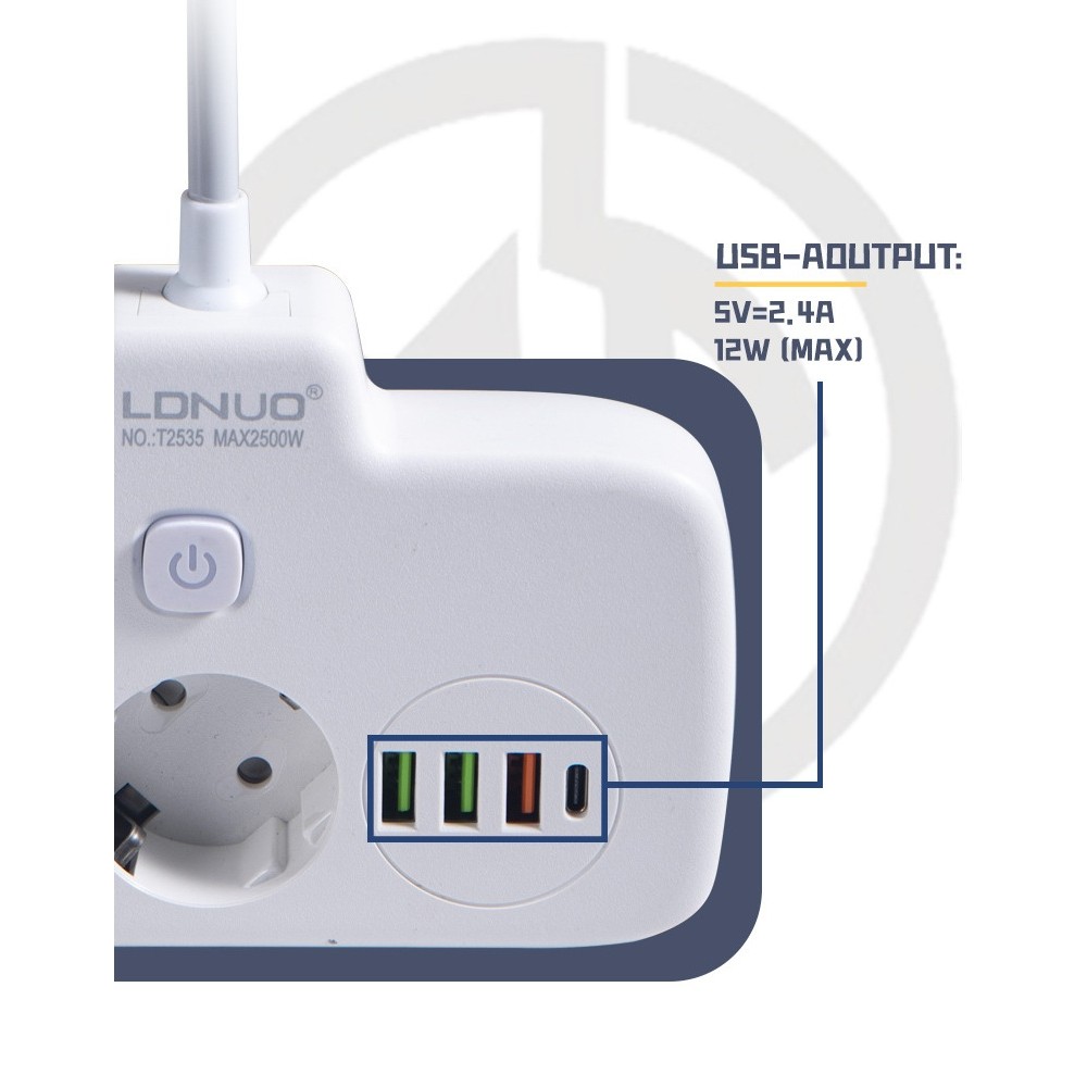 Adaptor Priza, Flippy, 6 in 1, 2 Prize Standard, 3 Porturi USB, 1 Port Tip C, Buton Oprire, 2500W, din PC, Alb