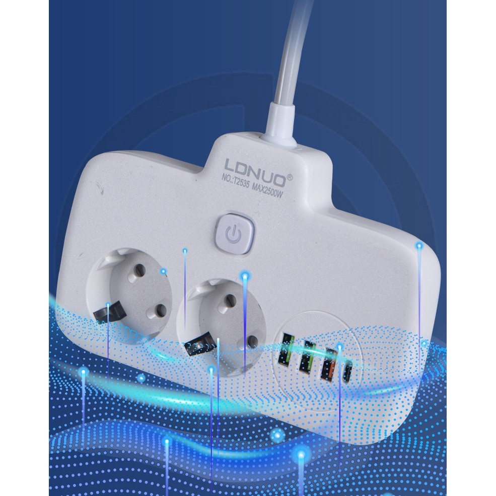 Adaptor Priza, Flippy, 6 in 1, 2 Prize Standard, 3 Porturi USB, 1 Port Tip C, Buton Oprire, 2500W, din PC, Alb