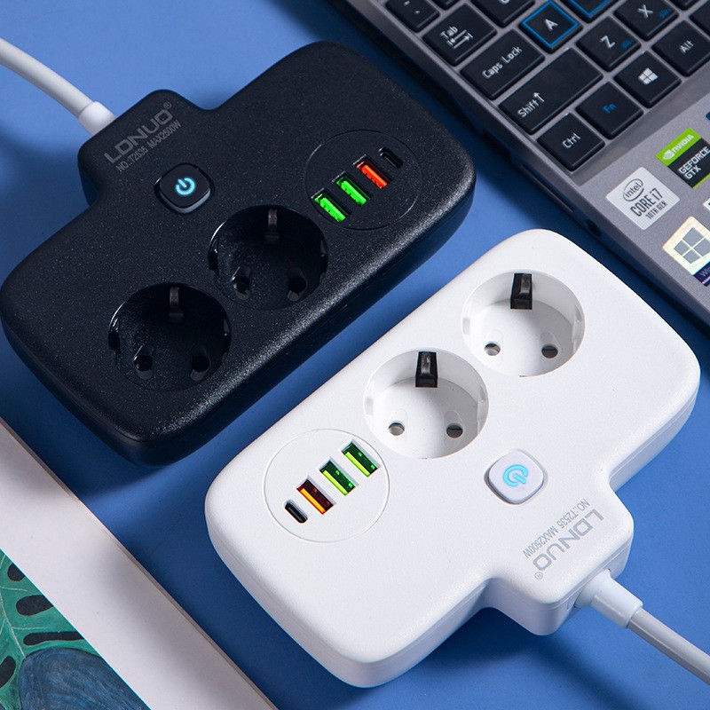 Adaptor Priza, Flippy, 6 in 1, 2 Prize Standard, 3 Porturi USB, 1 Port Tip C, Buton Oprire, 2500W, din PC, Alb