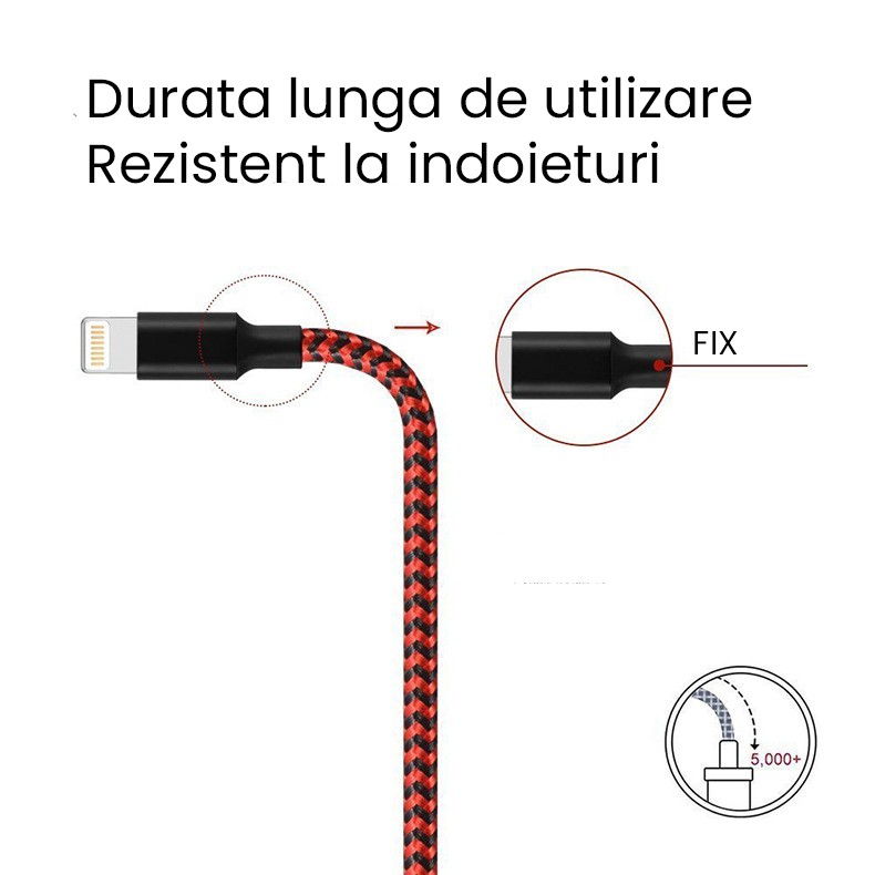 Cablu de Date pentru Telefon, Flippy, Cablu USB spre Lightning Compatibil cu iPhone, Lungime 3 M, Impletit Triunghiular in 2 culori, Rosu Negru