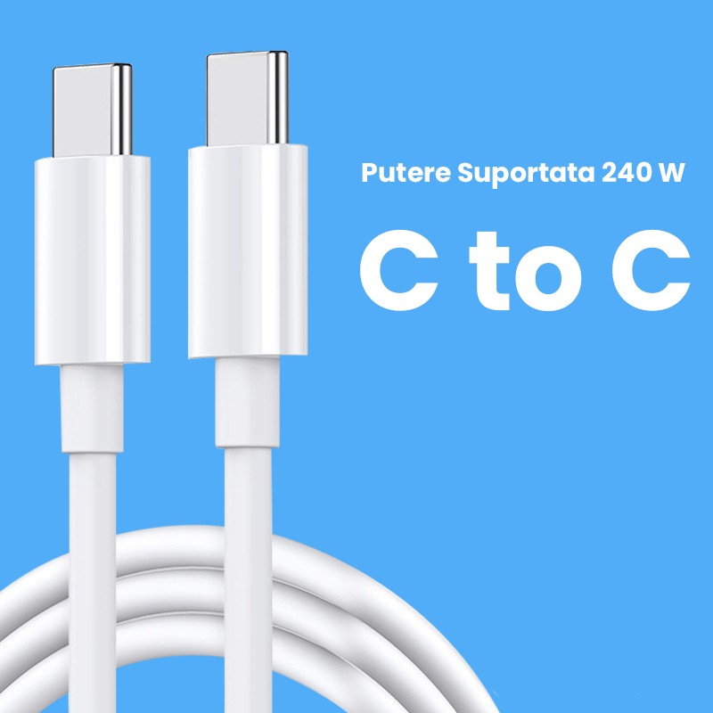 Cablu de Date pentru Telefon, Flippy, Cablu TYPE-C to TYPE-C Universal, Compatibil cu iOS si Android, Putere Suportata 240W, Fire 160 cupru, 1M, Simplu, Alb
