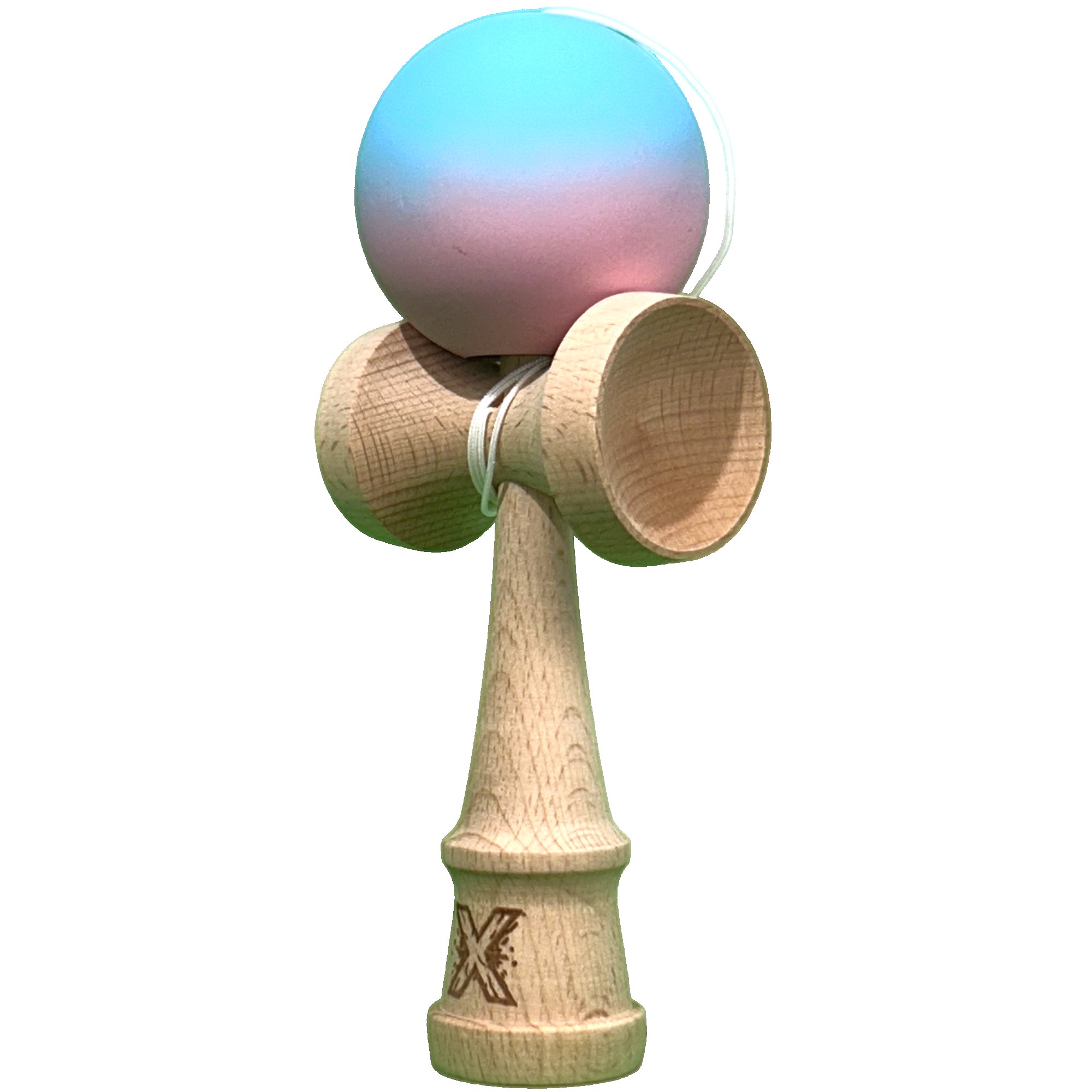 Jucarie Originala Kendama X, Flippy, din Lemn, Profesionala, 18 cm, Gradient Roz/Albastru