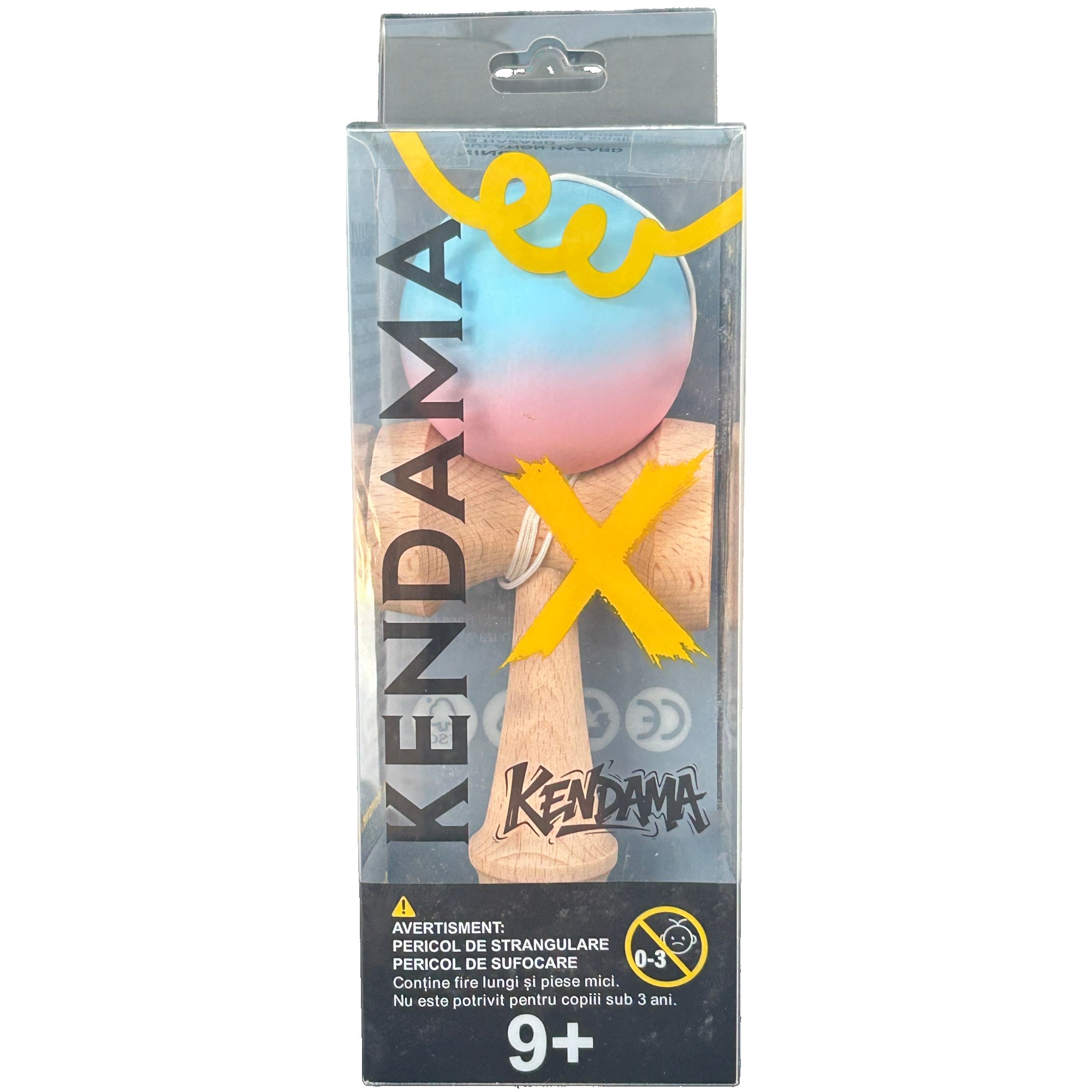 Jucarie Originala Kendama X, Flippy, din Lemn, Profesionala, 18 cm, Gradient Roz/Albastru