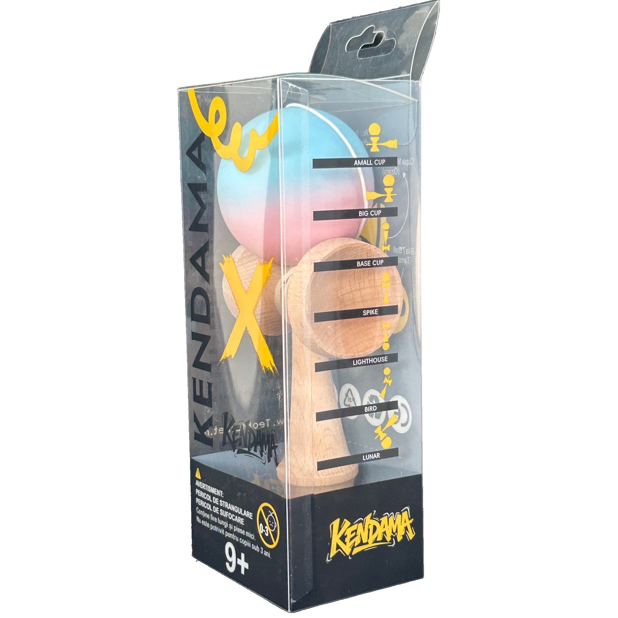 Jucarie Originala Kendama X, Flippy, din Lemn, Profesionala, 18 cm, Gradient Roz/Albastru