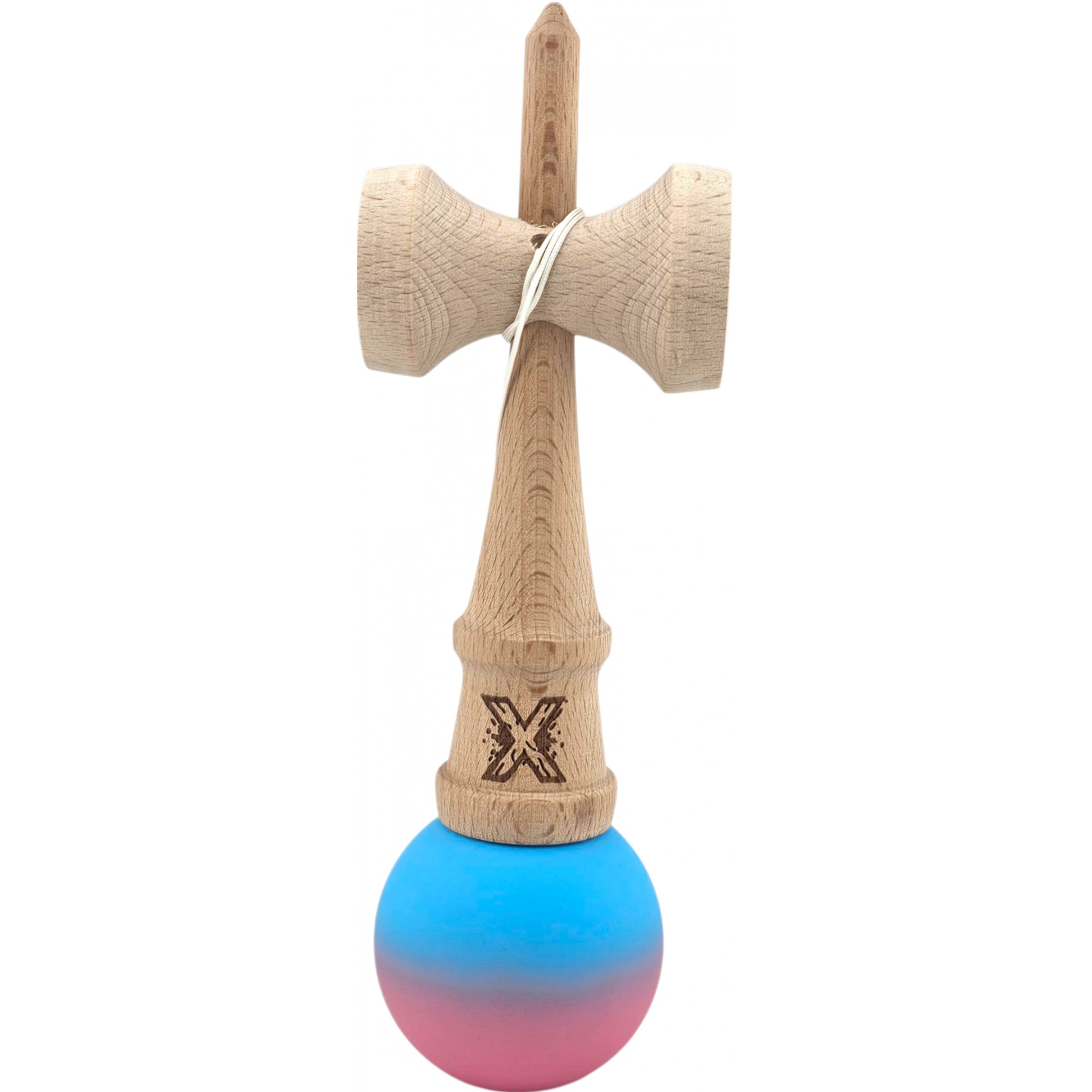 Kendama X Originala, Profesionala, Flippy, din Lemn, Rubber Grip, 18 cm, Albastru/Roz