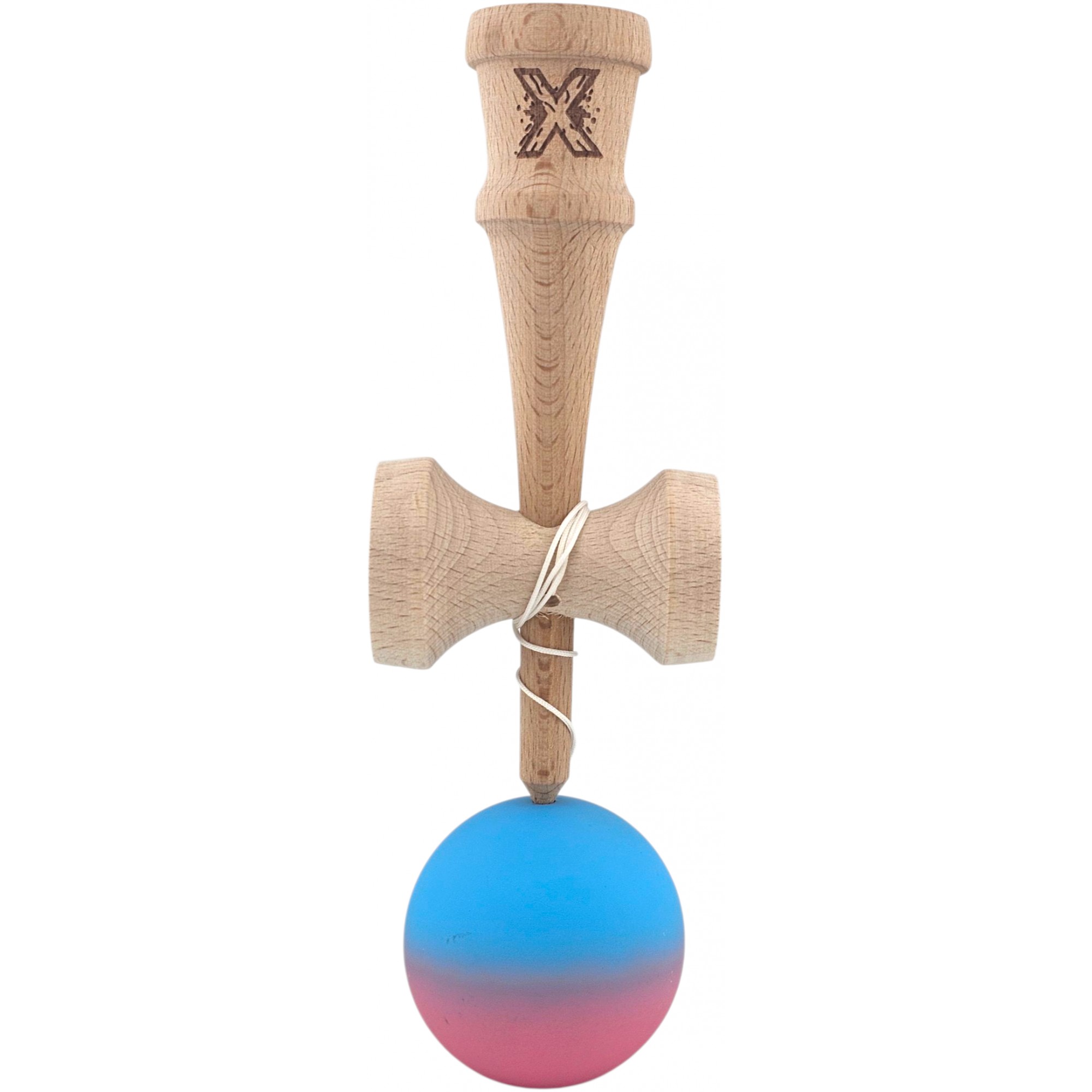 Kendama X Originala, Profesionala, Flippy, din Lemn, Rubber Grip, 18 cm, Albastru/Roz