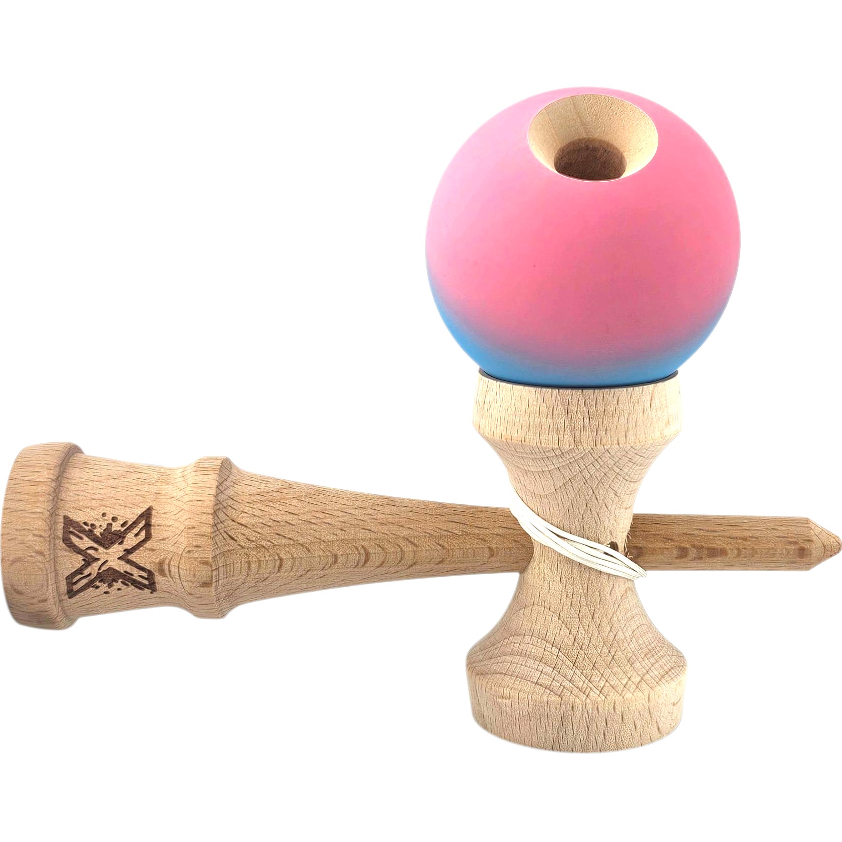 Kendama X Originala, Profesionala, Flippy, din Lemn, Rubber Grip, 18 cm, Albastru/Roz