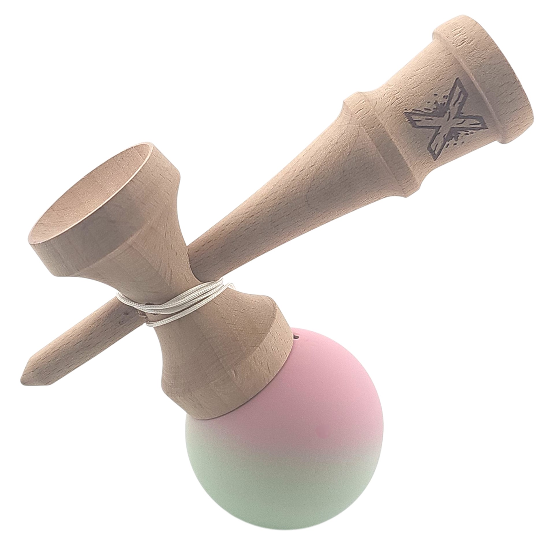 Kendama X Originala, Profesionala, Flippy, din Lemn, Rubber Grip, 18 cm, Roz/Verde