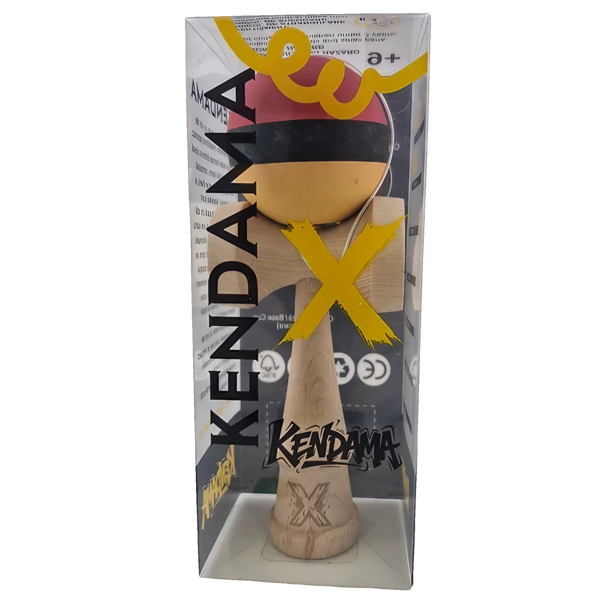 Kendama X Originala, Profesionala, Flippy, din Lemn, Rubber Grip, 18 cm, Rosu/Negru/Galben