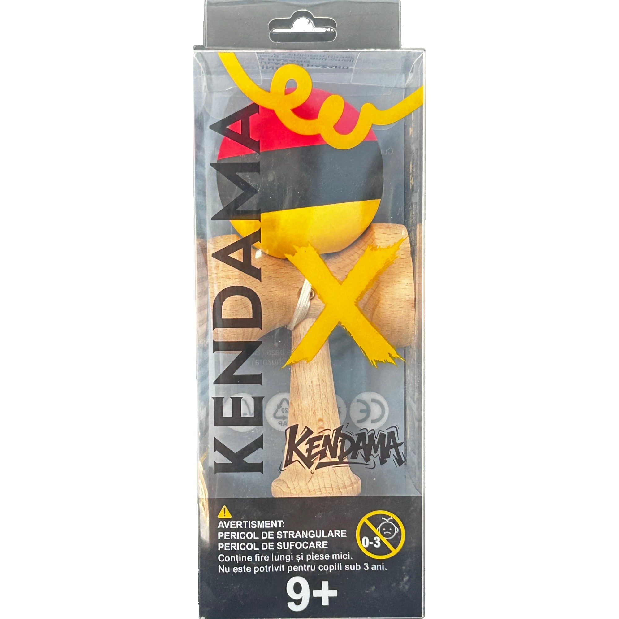 Jucarie Kendama, Flippy, din Lemn, Profesionala, 18 cm, Rosu/Negru/Galben