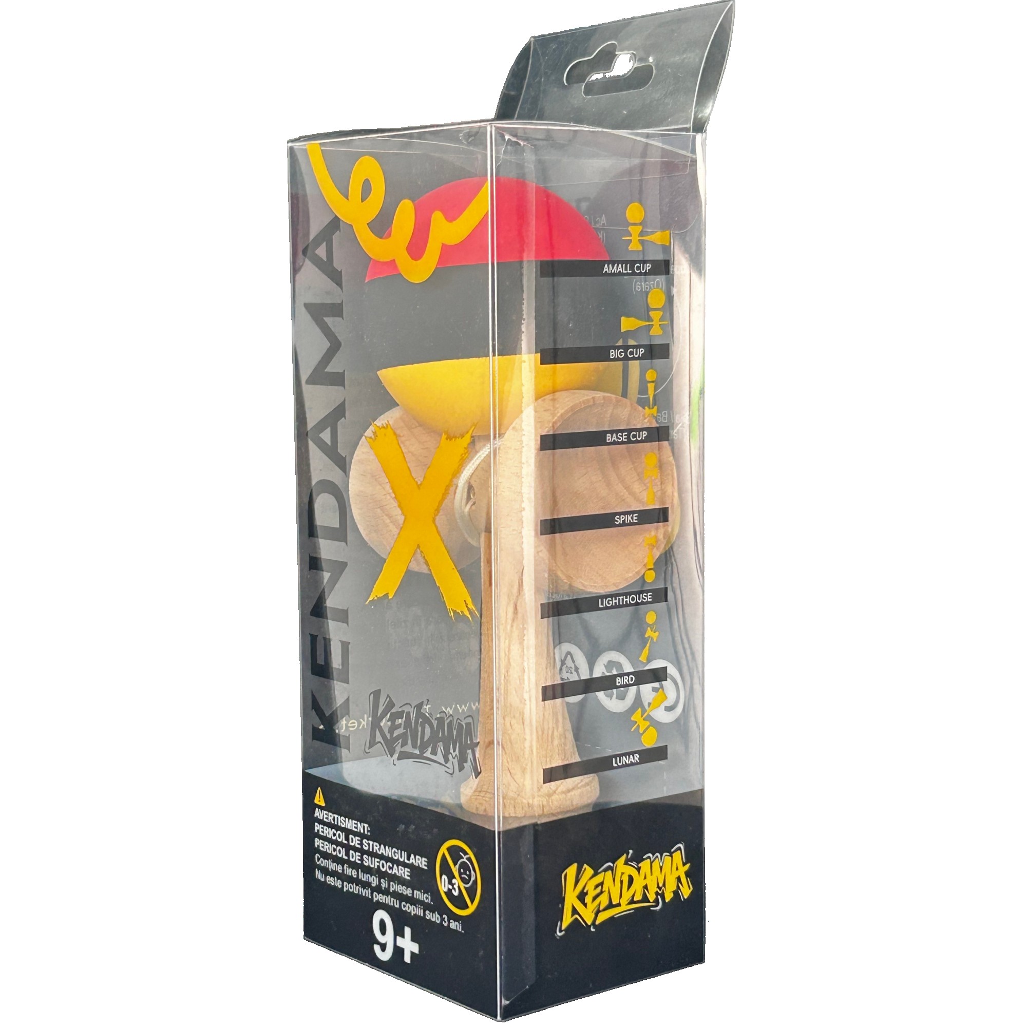 Jucarie Kendama, Flippy, din Lemn, Profesionala, 18 cm, Rosu/Negru/Galben