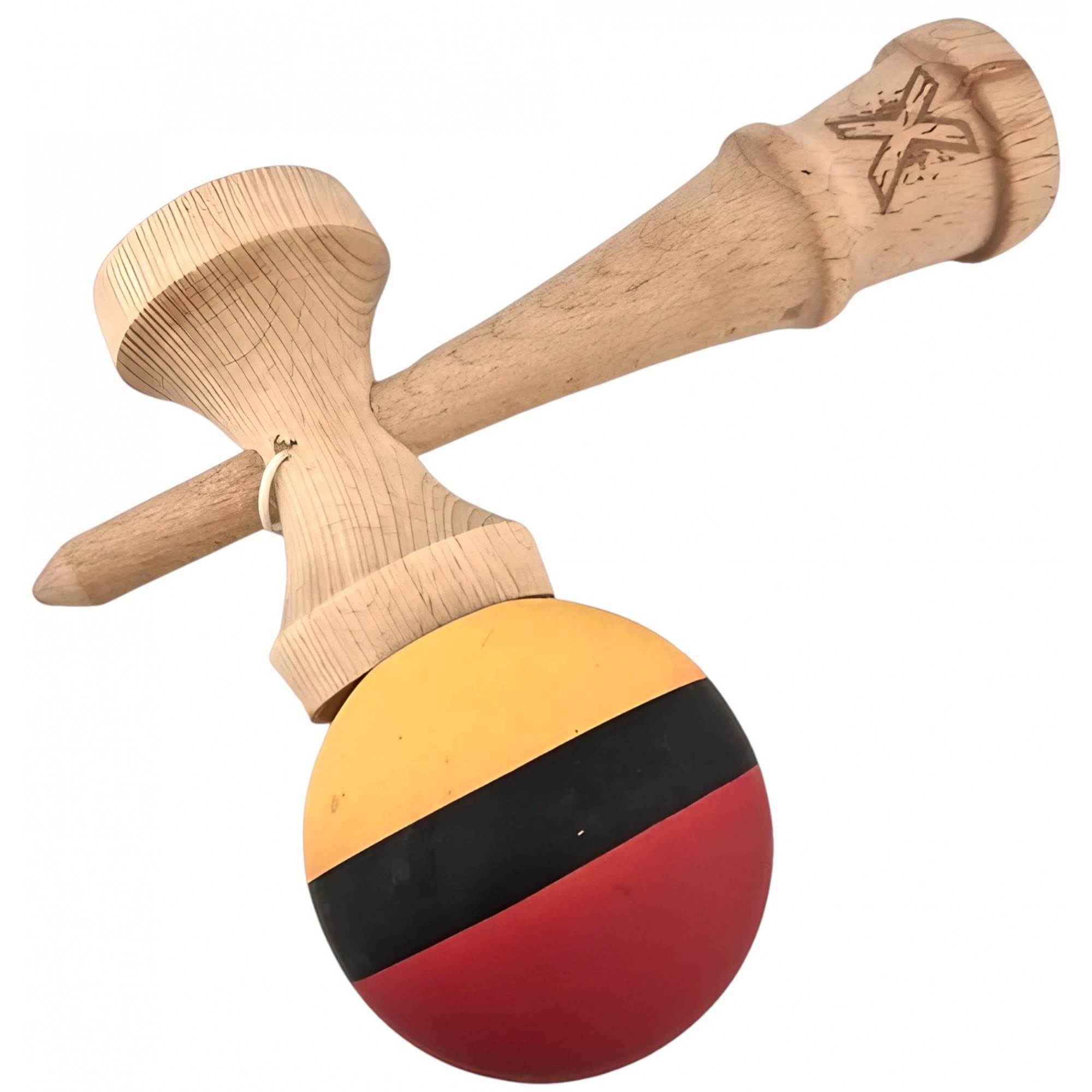 Kendama X Originala, Profesionala, Flippy, din Lemn, Rubber Grip, 18 cm, Rosu/Negru/Galben