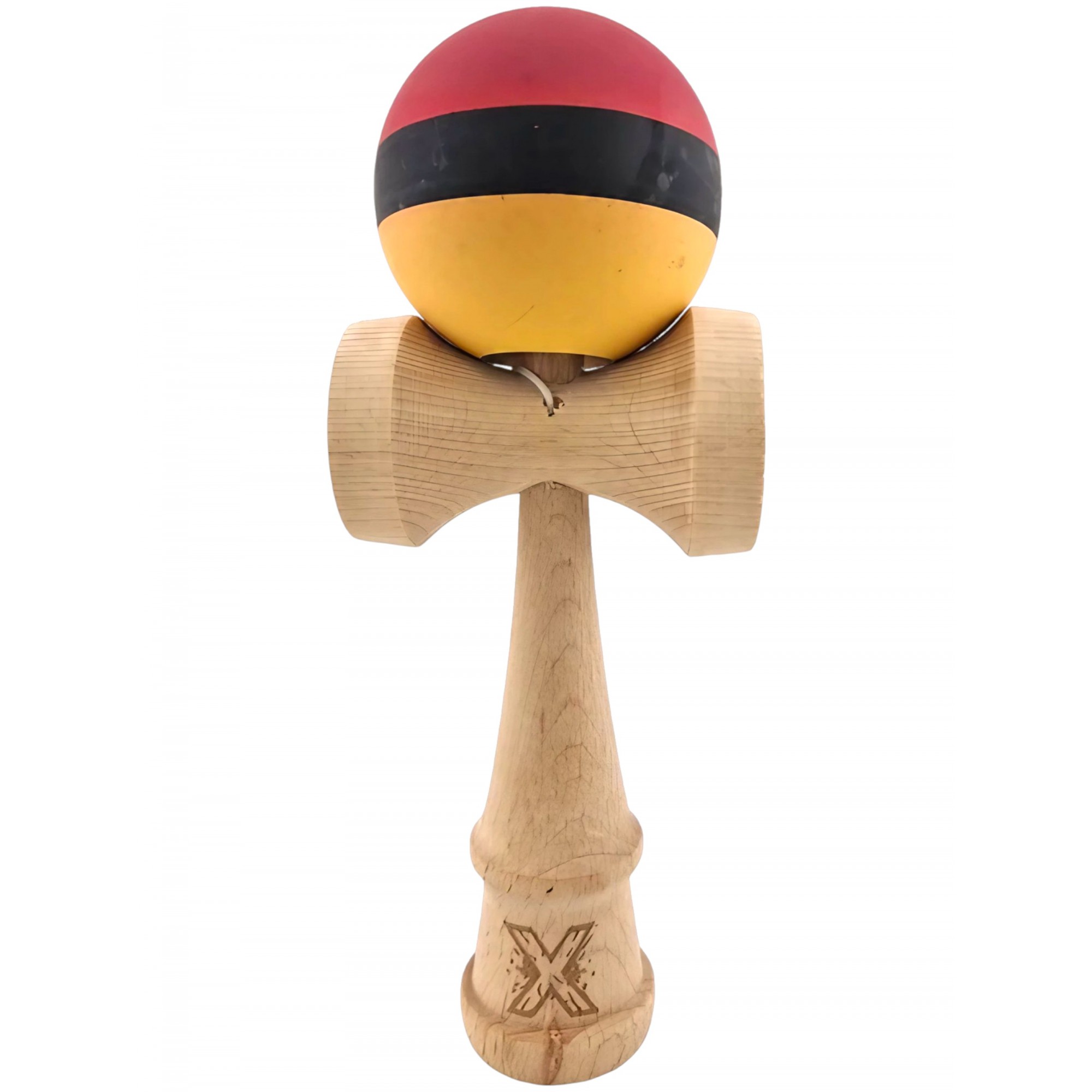 Kendama X Originala, Profesionala, Flippy, din Lemn, Rubber Grip, 18 cm, Rosu/Negru/Galben