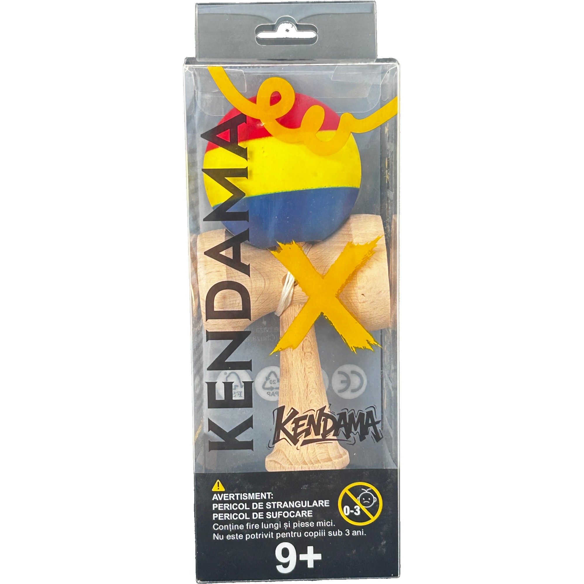 Jucarie Kendama, Flippy, din Lemn, Profesionala, 18 cm, Rosu/Galben/Albastru