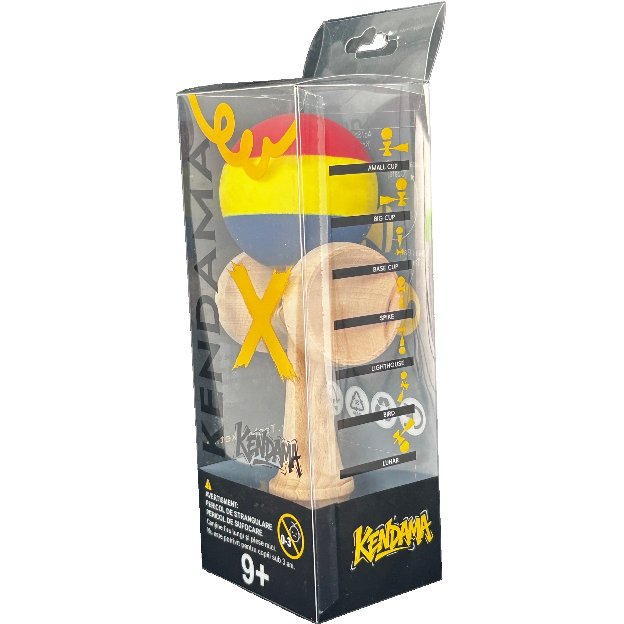 Jucarie Kendama, Flippy, din Lemn, Profesionala, 18 cm, Rosu/Galben/Albastru