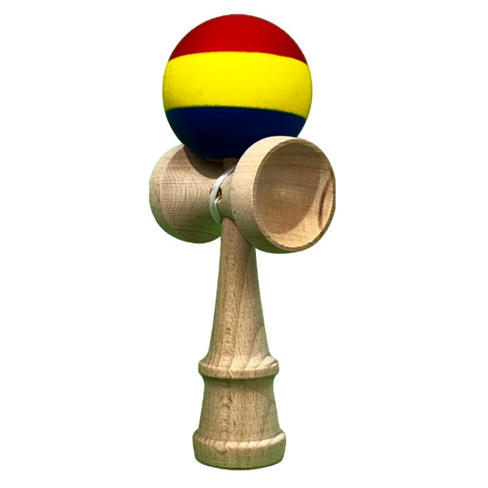 Kendama X Originala, Profesionala, Flippy, din Lemn, Rubber Grip, 18 cm, Rosu/Galben/Albastru