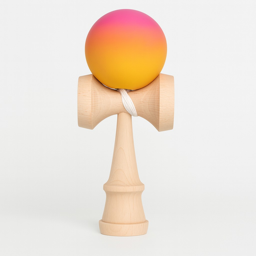 Jucarie Interactiva Kendama, Flippy, Kendama Original Super Sticky din Lemn, 18 cm, Joc de Indemanare pentru Copii si Adulti, Model Gradient Roz Portocaliu Galben
