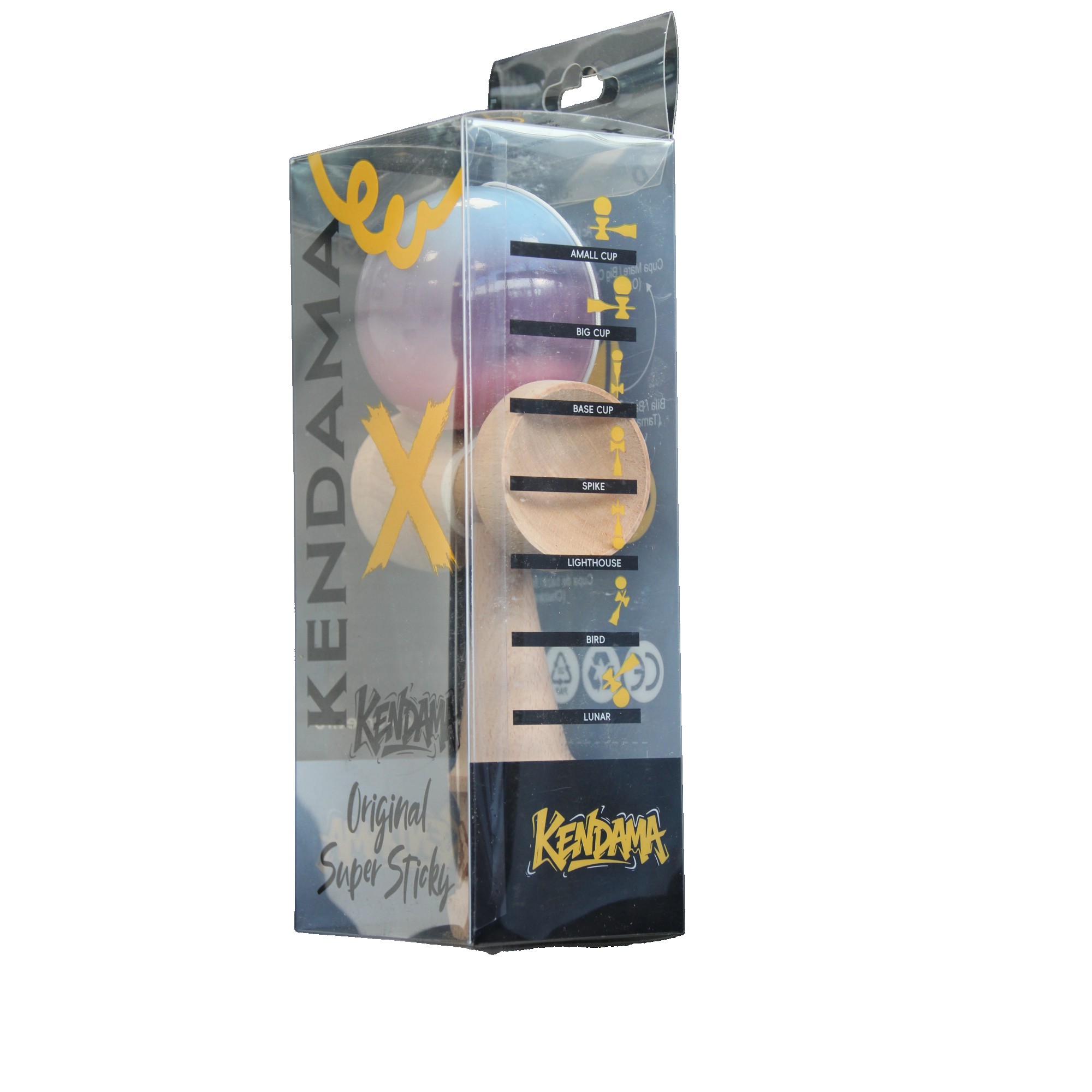 Jucarie Kendama X Originala, Profesionala, Flippy, Super Sticky din Lemn, 18 cm, Gradient Albastru Deschis/Mov/Roz