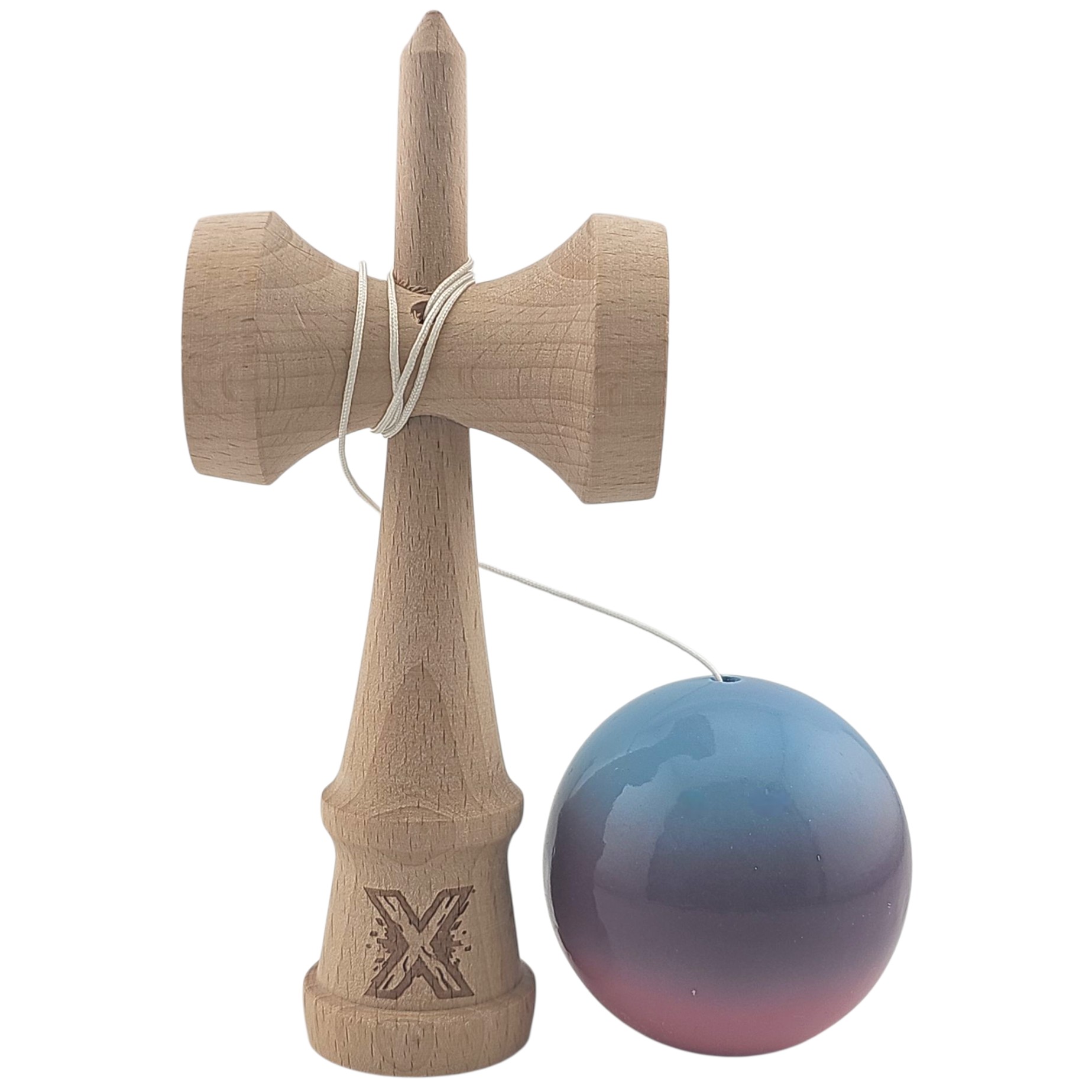 Kendama X Originala, Profesionala, Flippy, Super Sticky, din Lemn, 18 cm, Albastru Deschis/Mov/Roz