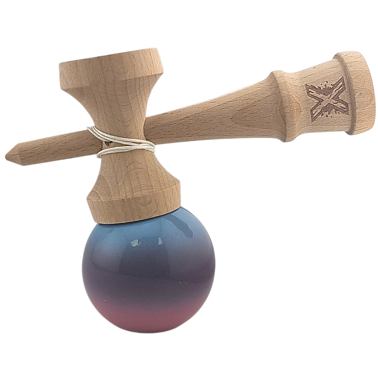 Kendama X Originala, Profesionala, Flippy, Super Sticky, din Lemn, 18 cm, Albastru Deschis/Mov/Roz