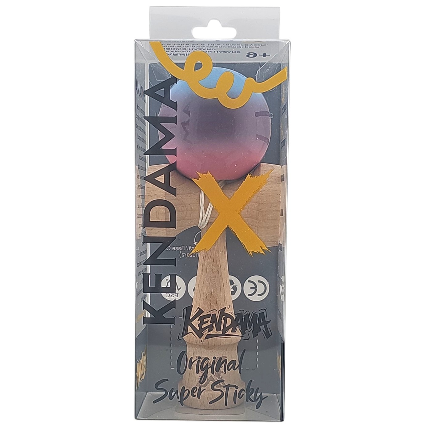 Kendama X Originala, Profesionala, Flippy, Super Sticky, din Lemn, 18 cm, Albastru Deschis/Mov/Roz