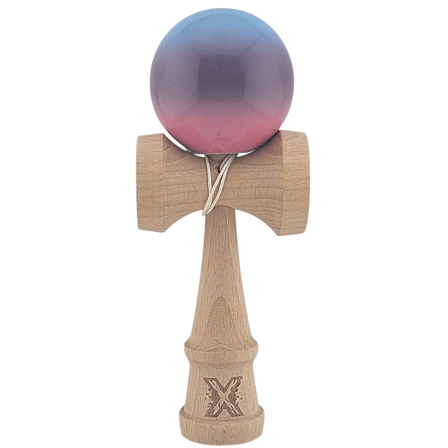 Kendama X Originala, Profesionala, Flippy, Super Sticky, din Lemn, 18 cm, Albastru Deschis/Mov/Roz