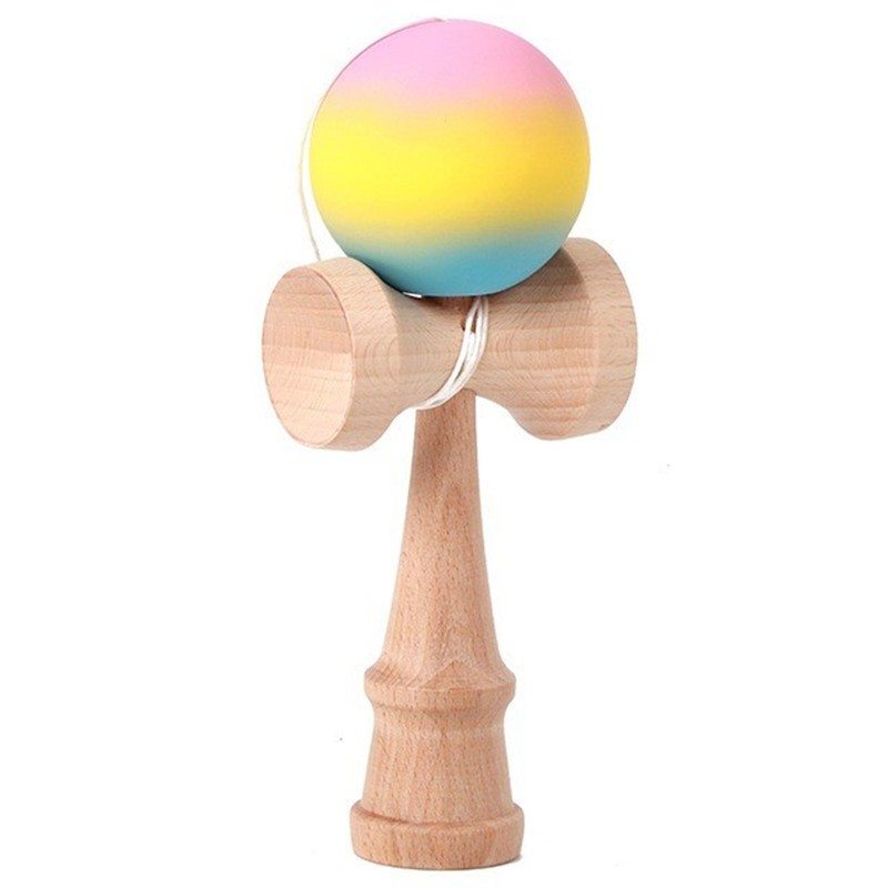 Jucarie Interactiva Kendama, Flippy, Kendama Original Super Sticky din Lemn, 18 cm, Joc de Indemanare pentru Copii si Adulti, Model Gradient Roz Galben Albastru